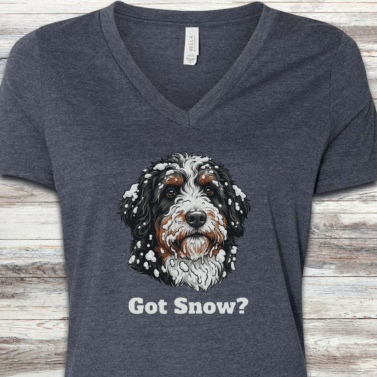 Bernedoodle Got Snow V-Neck Tee - Heather Navy