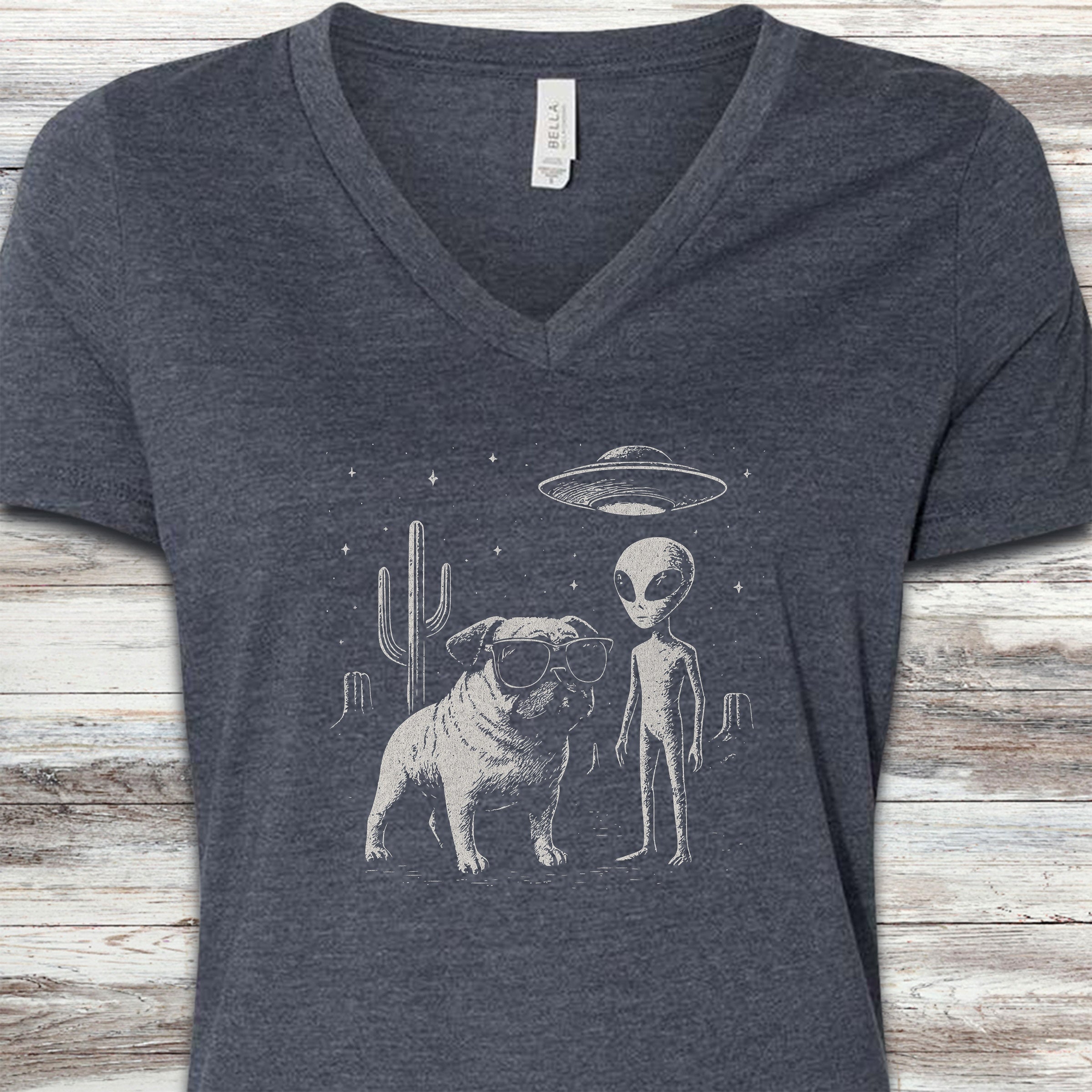 Pug Alien Encounter V-Neck Tee - Heather Navy