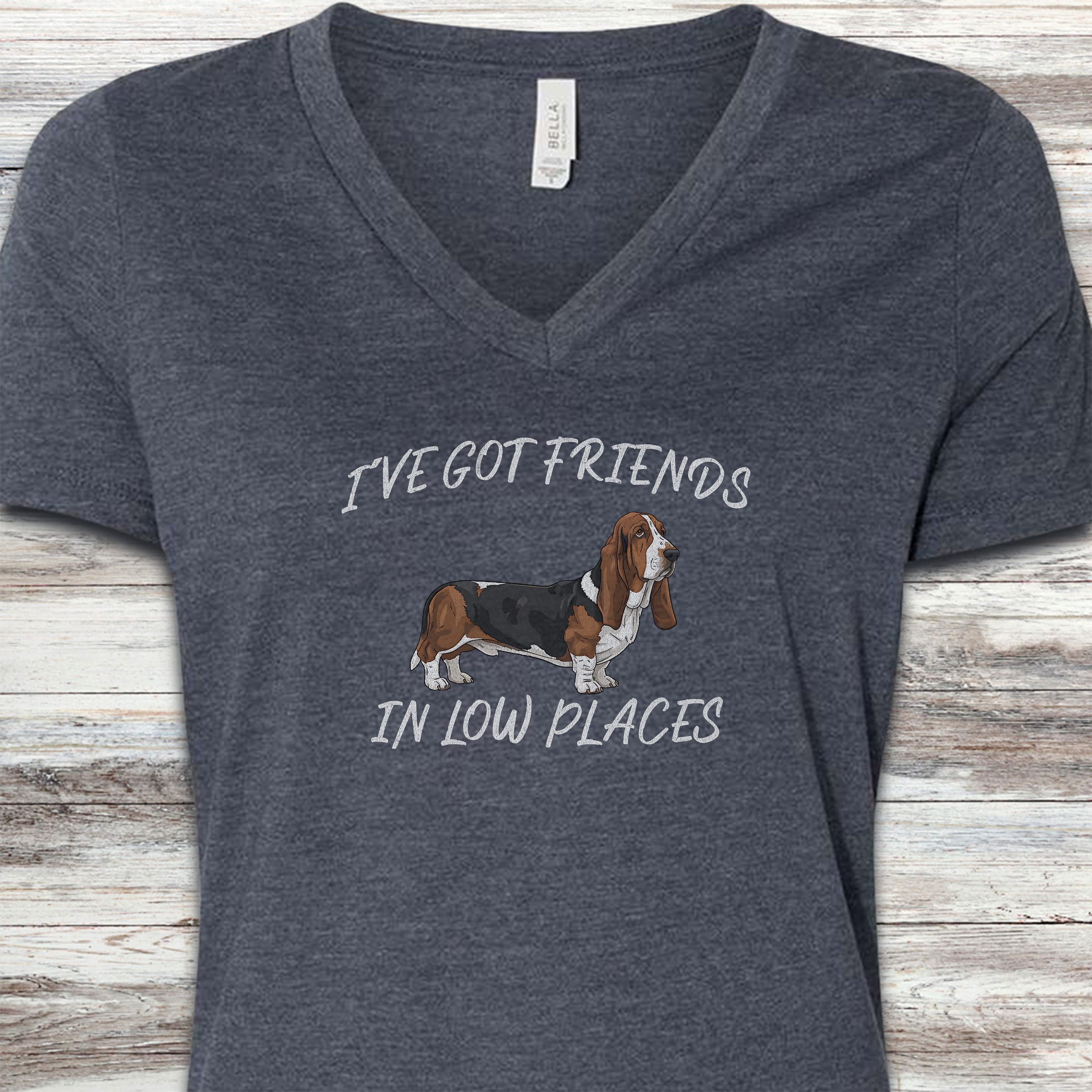 Basset Hound Low Places V-Neck Tee - Heather Navy