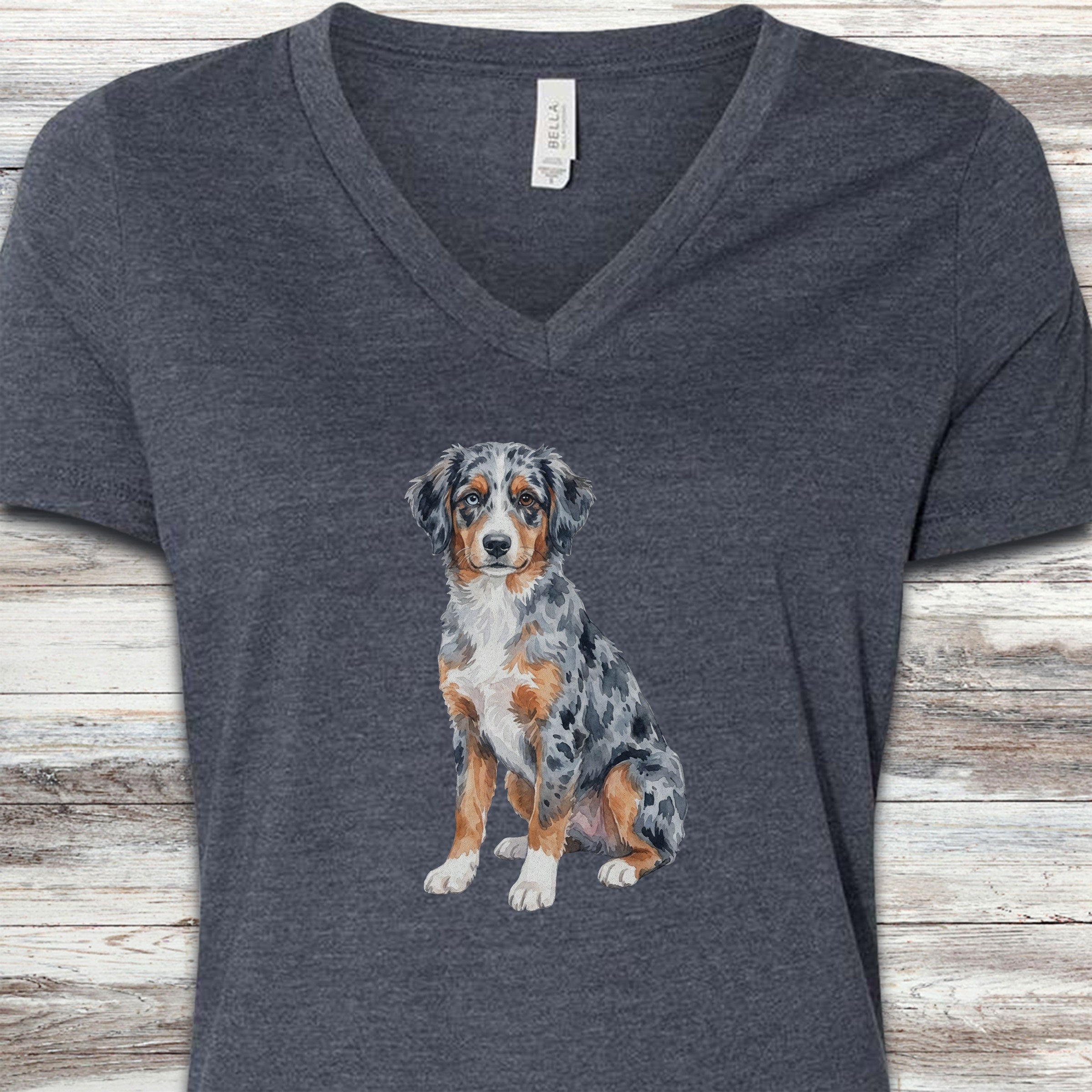 Australian Shepherd Puppy Watercolor V-Neck Tee - Heather Navy