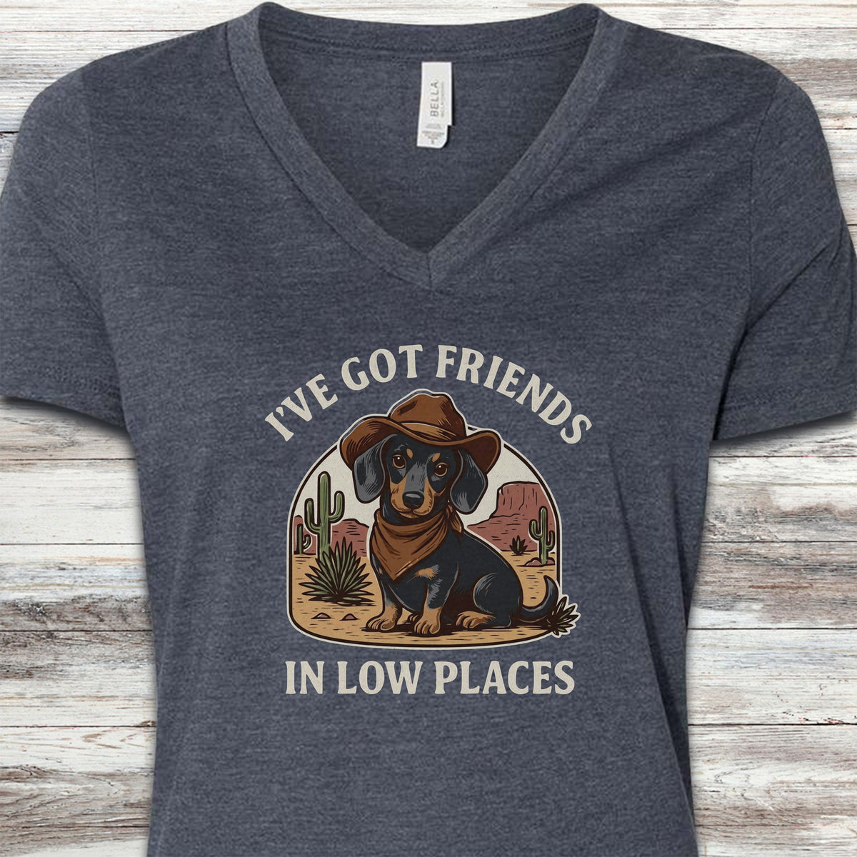 Dachshund Cowboy Friends V-Neck Tee - Heather Navy