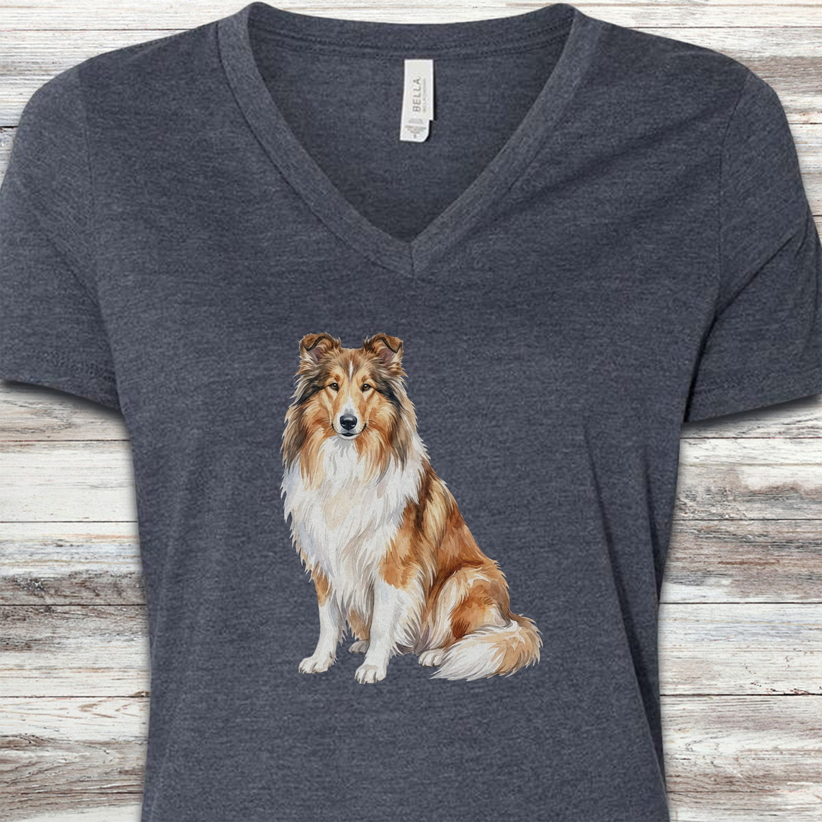 Rough Collie Watercolor V-Neck Tee - Heather Navy