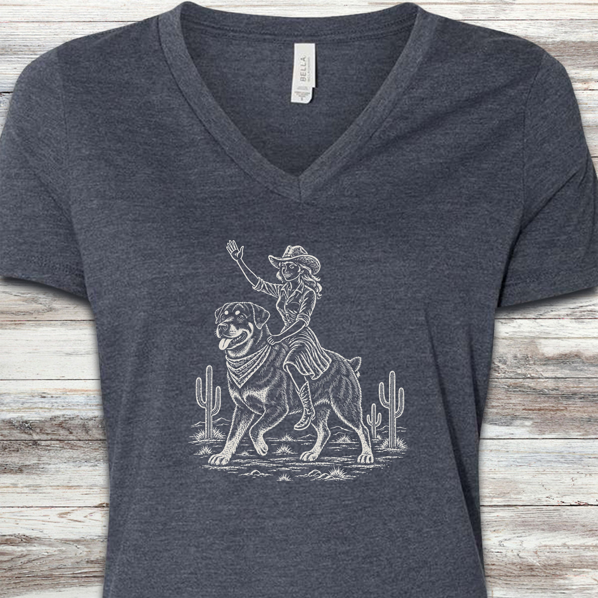 Rottweiler Cowgirl V-Neck Tee - Heather Navy