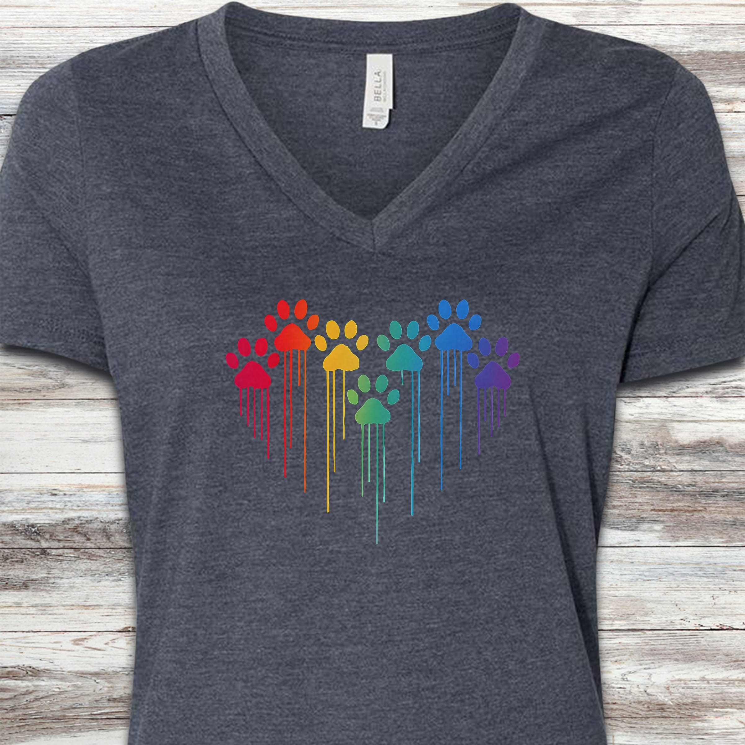 Rainbow Heart Prints V-Neck Tee - Heather Navy
