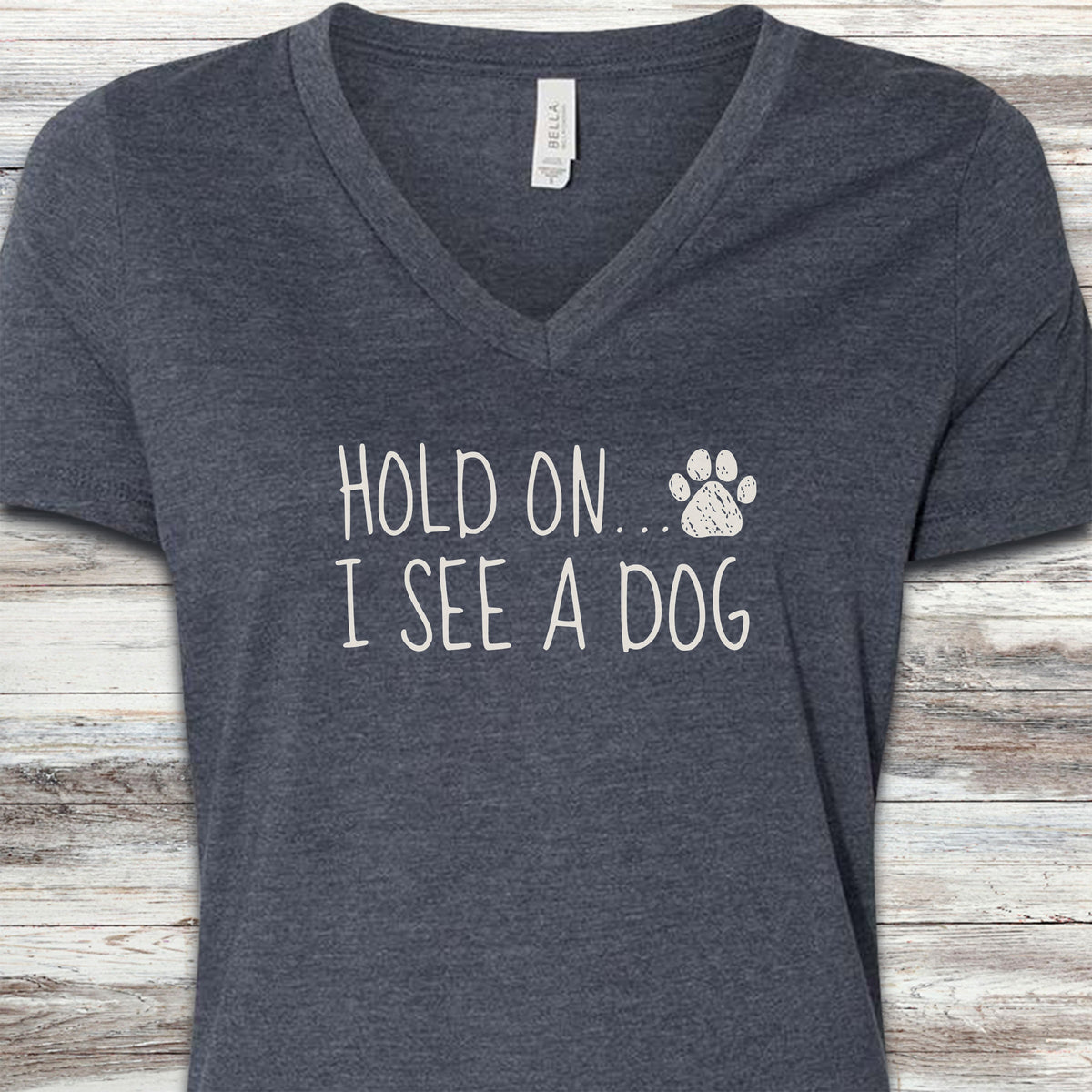 Dog Hold On V-Neck Tee - Heather Navy