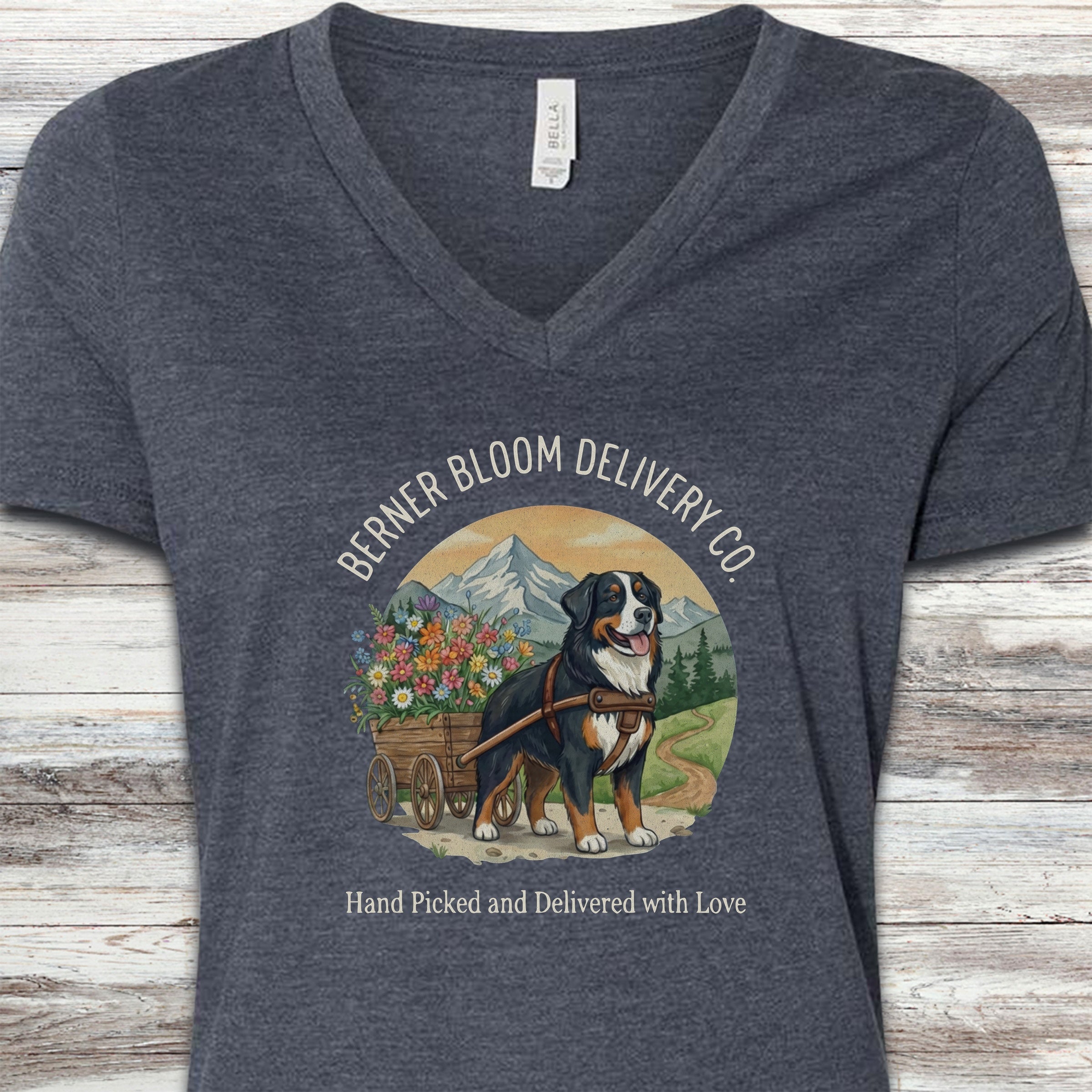 Bernese Mountain Dog Bloom Delivery V-Neck Tee - Heather Navy