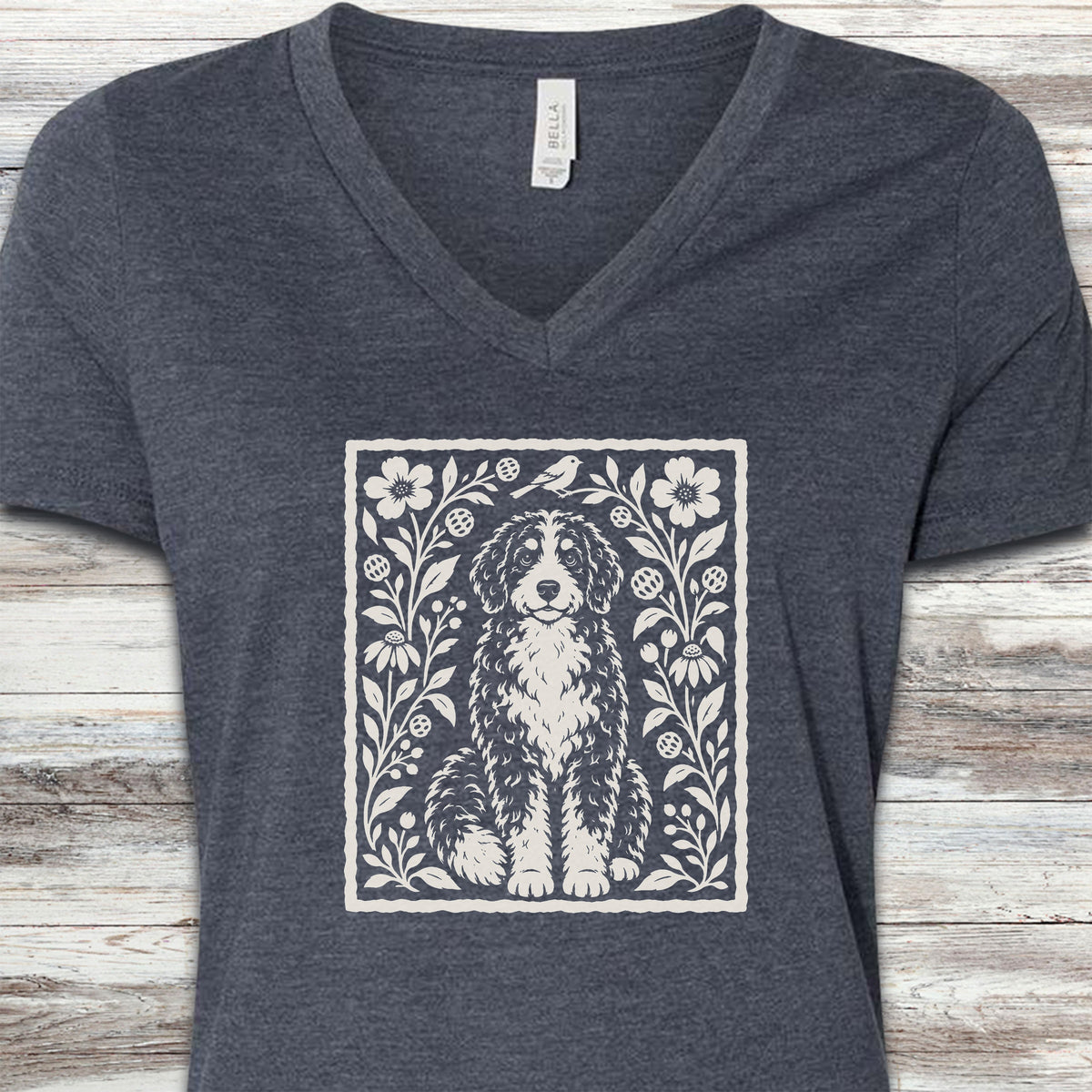 Bernedoodle Folk Art Floral V-Neck Tee - Heather Navy
