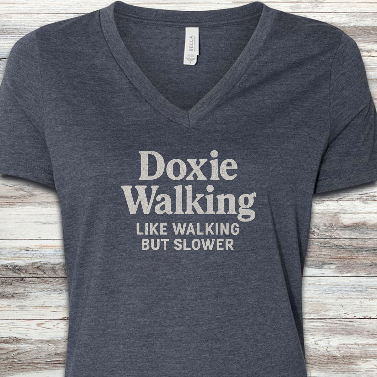 Dachshund Doxie Walking V-Neck Tee - Heather Navy