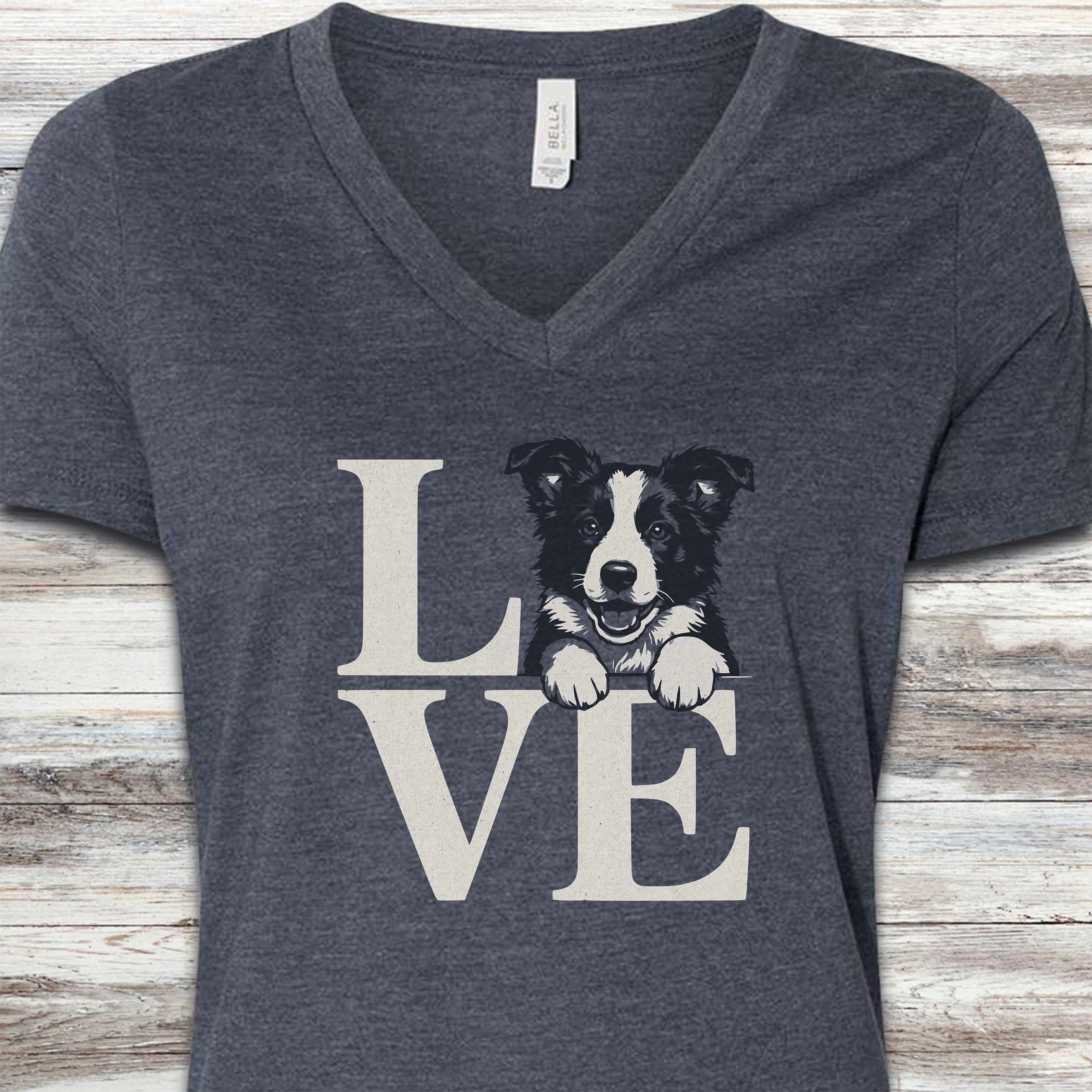 Border Collie Puppy Love V-Neck Tee - Heather Navy