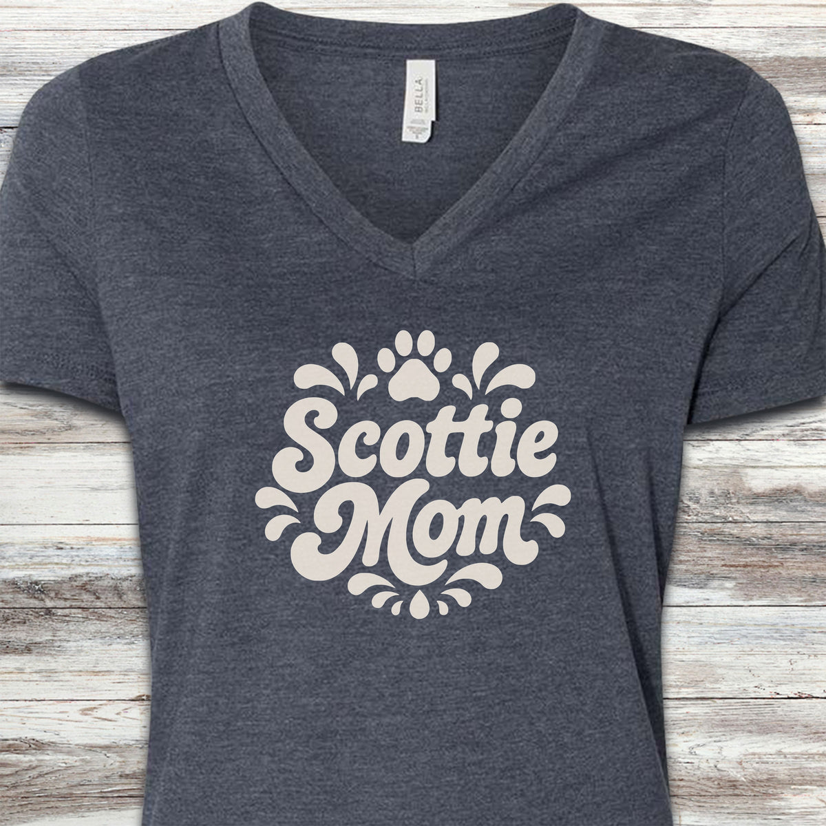Scottish Terrier Groovy Mom V-Neck Tee - Heather Navy