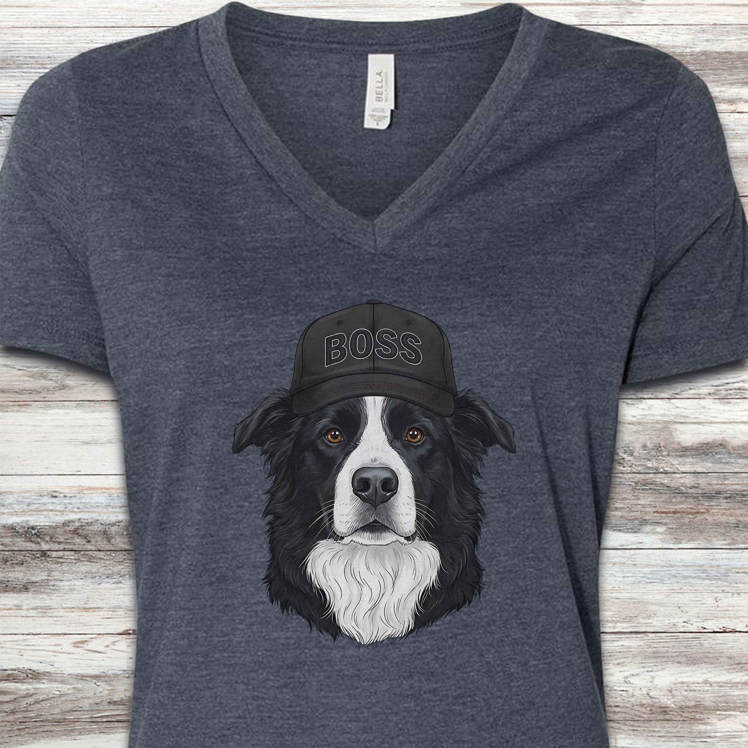 Border Collie Boss Hat V-Neck Tee - Heather Navy