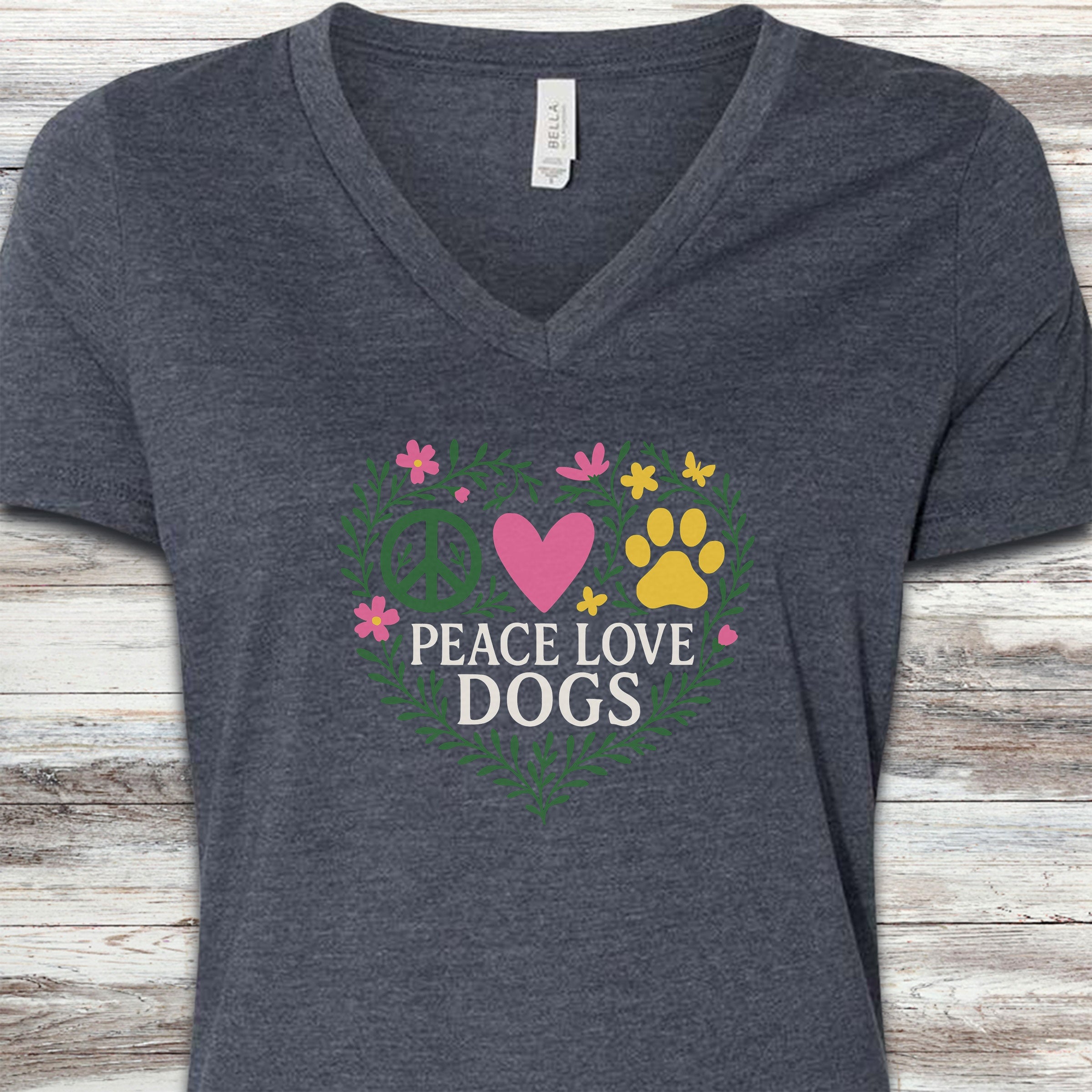 Peace Love Dogs Floral V-Neck Tee - Heather Navy