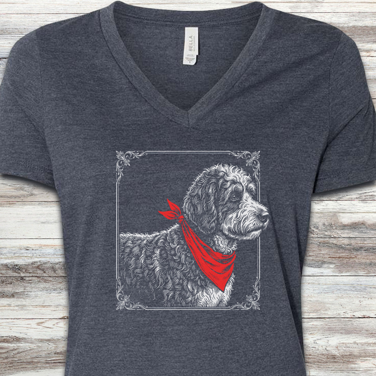 Bernedoodle Etching V-Neck Tee - Heather Navy