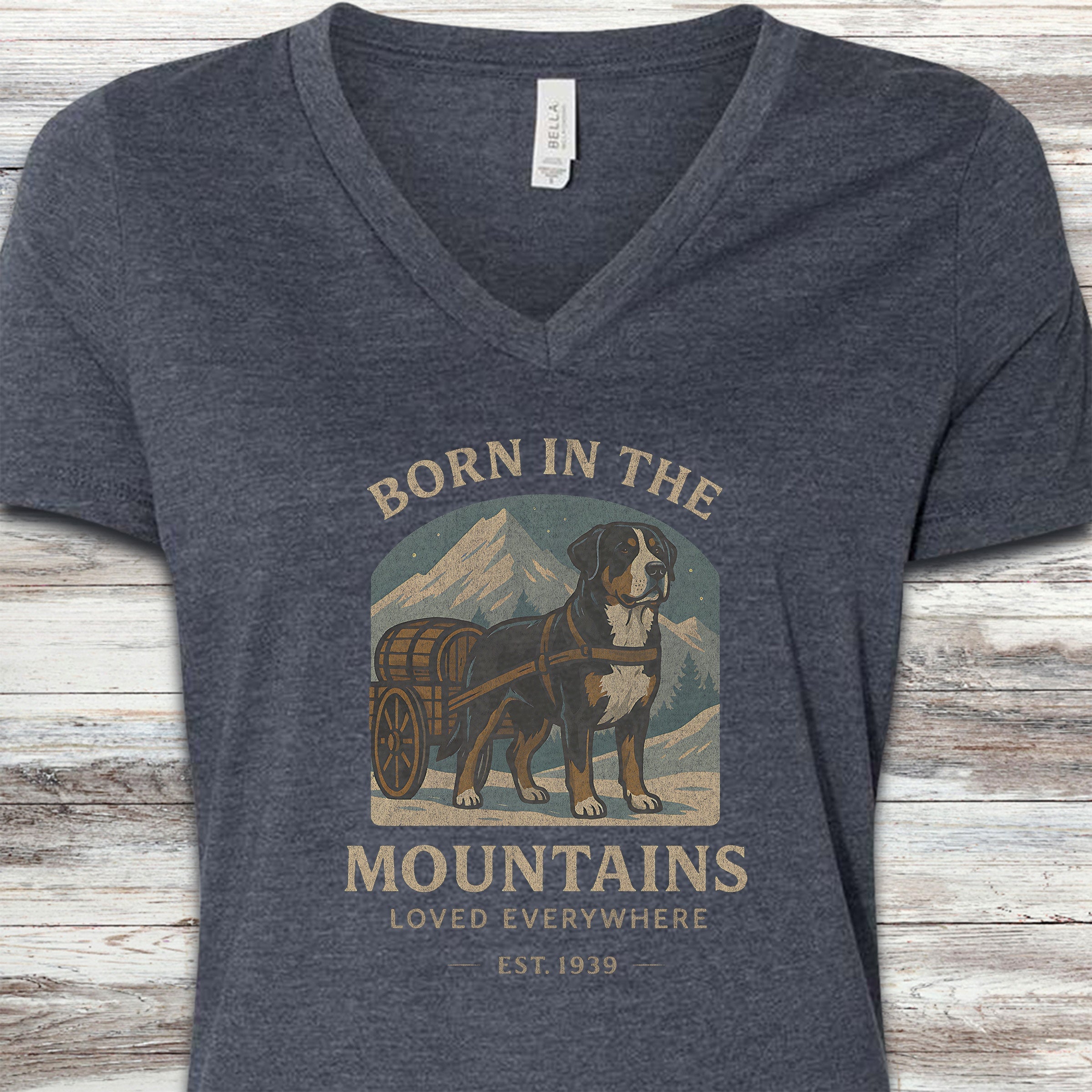 Swiss Mountain Dog Born V-Neck Tee - Heather Navy