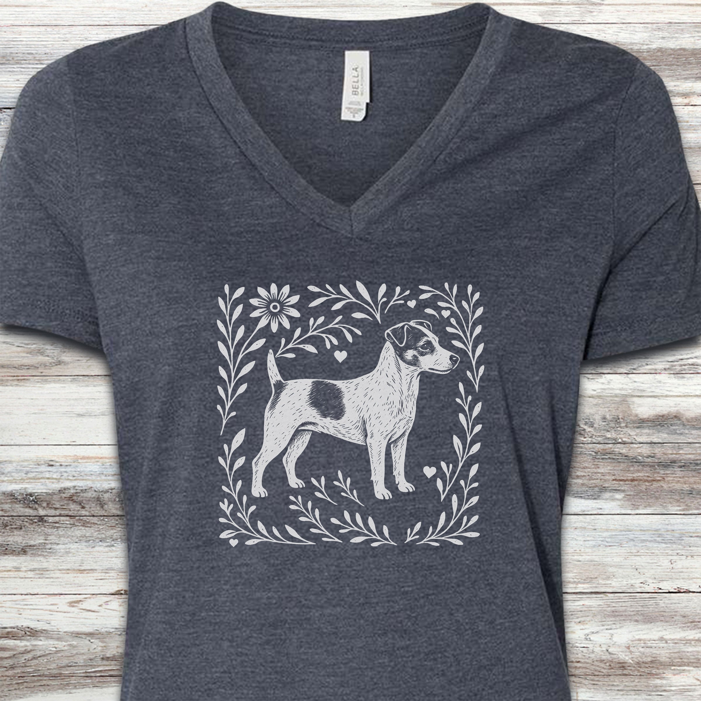 Jack Russell Linocut V-Neck Tee - Heather Navy