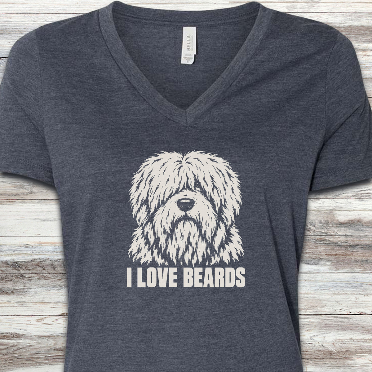 Old English Sheepdog I Love Beards V-Neck Tee - Heather Navy