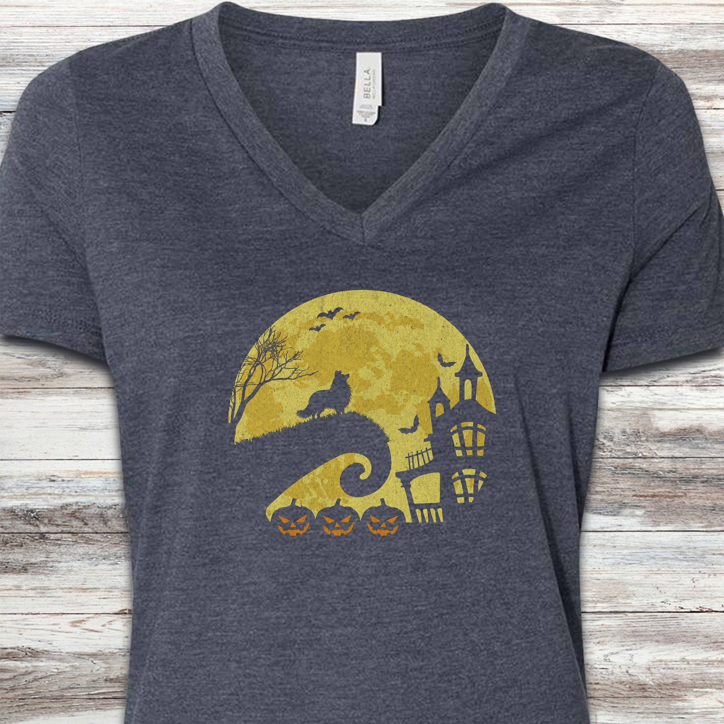 Shetland Sheepdog Halloween Moon V-Neck Tee - Heather Navy