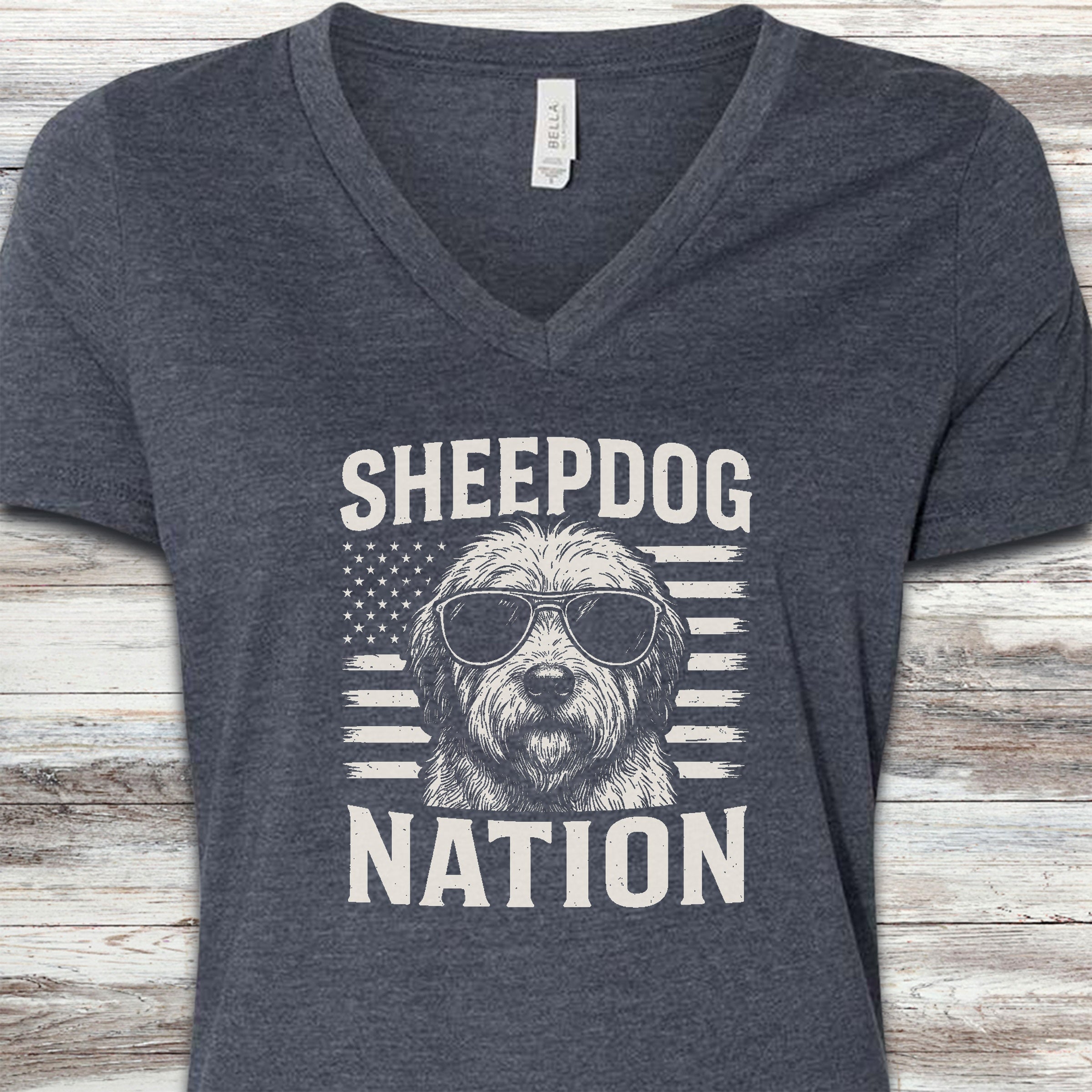 Old English Sheepdog Nation V-Neck Tee - Heather Navy