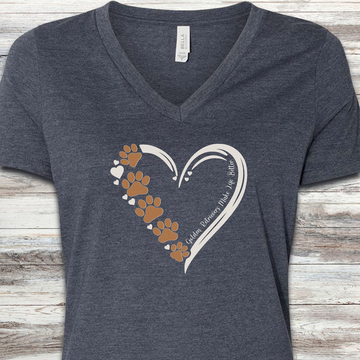 Golden Retriever Loyal Heart V-Neck Tee - Heather Navy