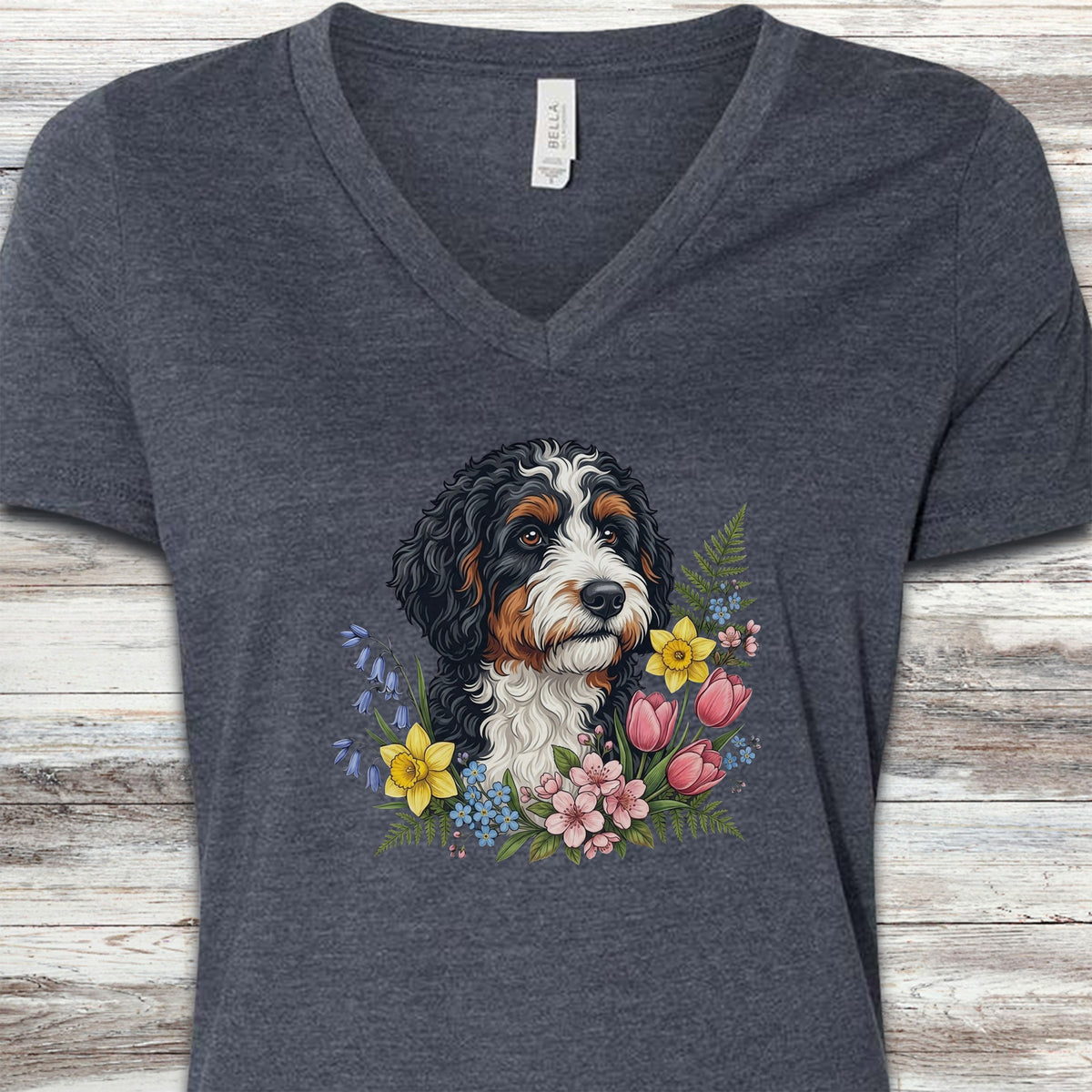 Bernedoodle Spring Portrait V-Neck Tee - Heather Navy
