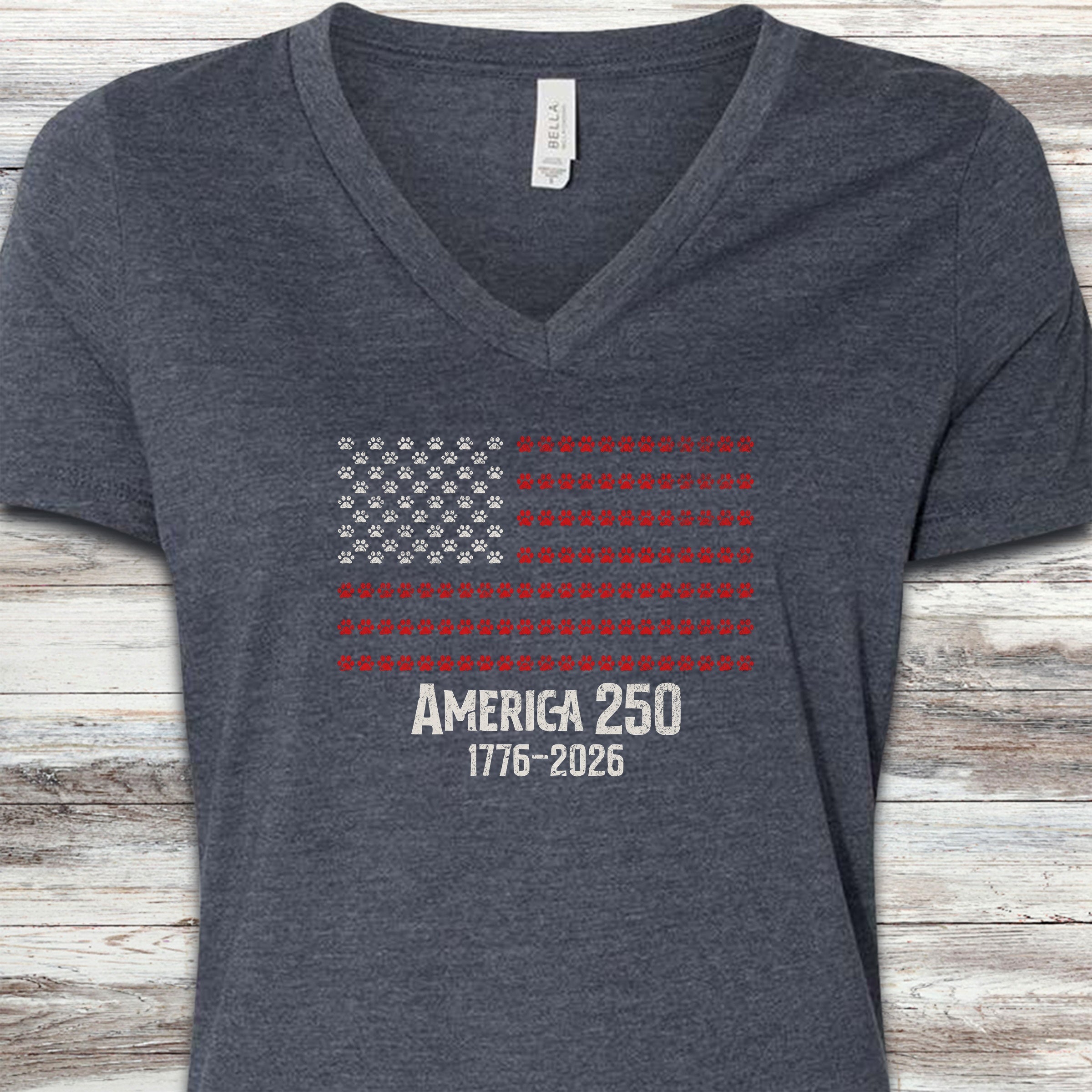 Vintage Red White & Paws 1776-2026 V-Neck Tee - Heather Navy