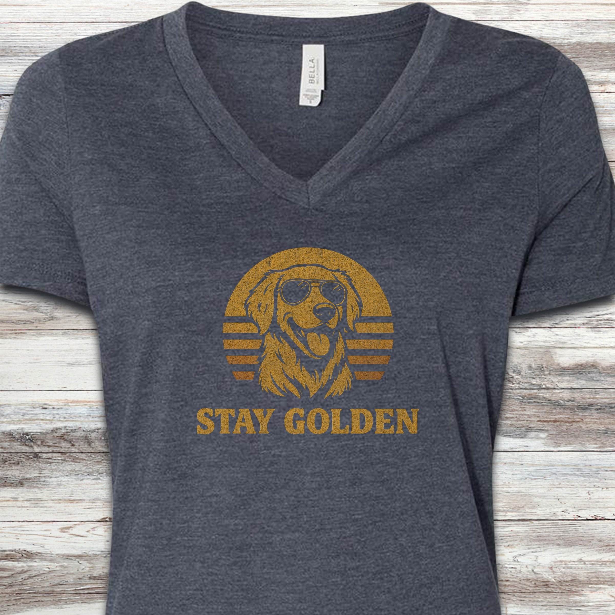 Golden Retriever Retro Stay Golden V-Neck Tee - Heather Navy