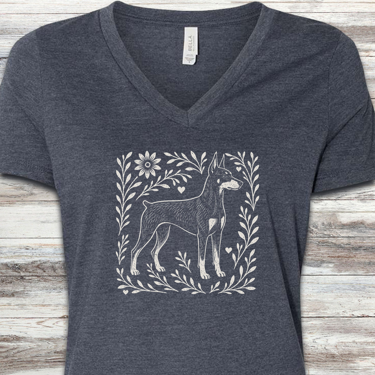 Doberman Linocut V-Neck Tee - Heather Navy