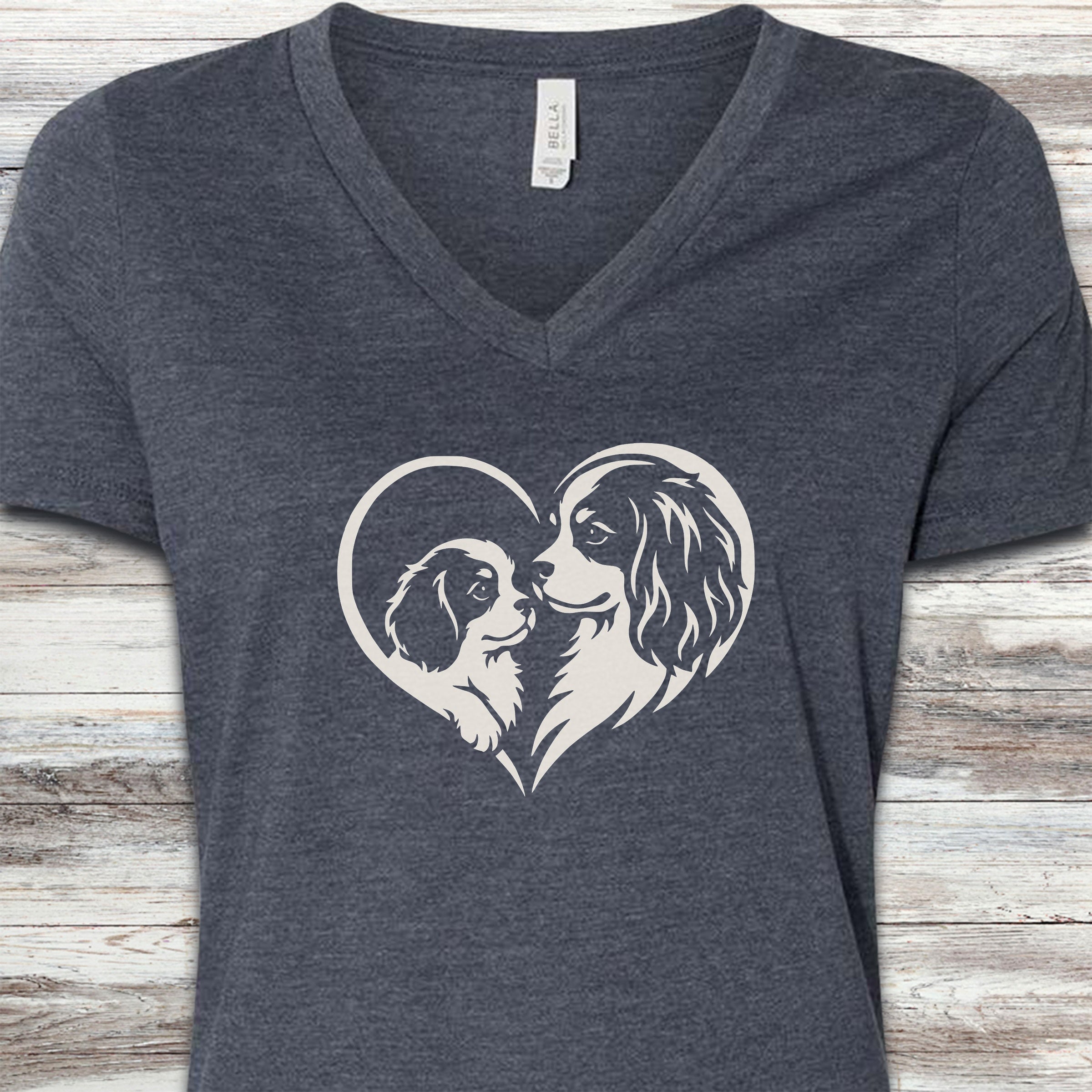 Cavalier King Charles Heart Bond V-Neck Tee - Heather Navy