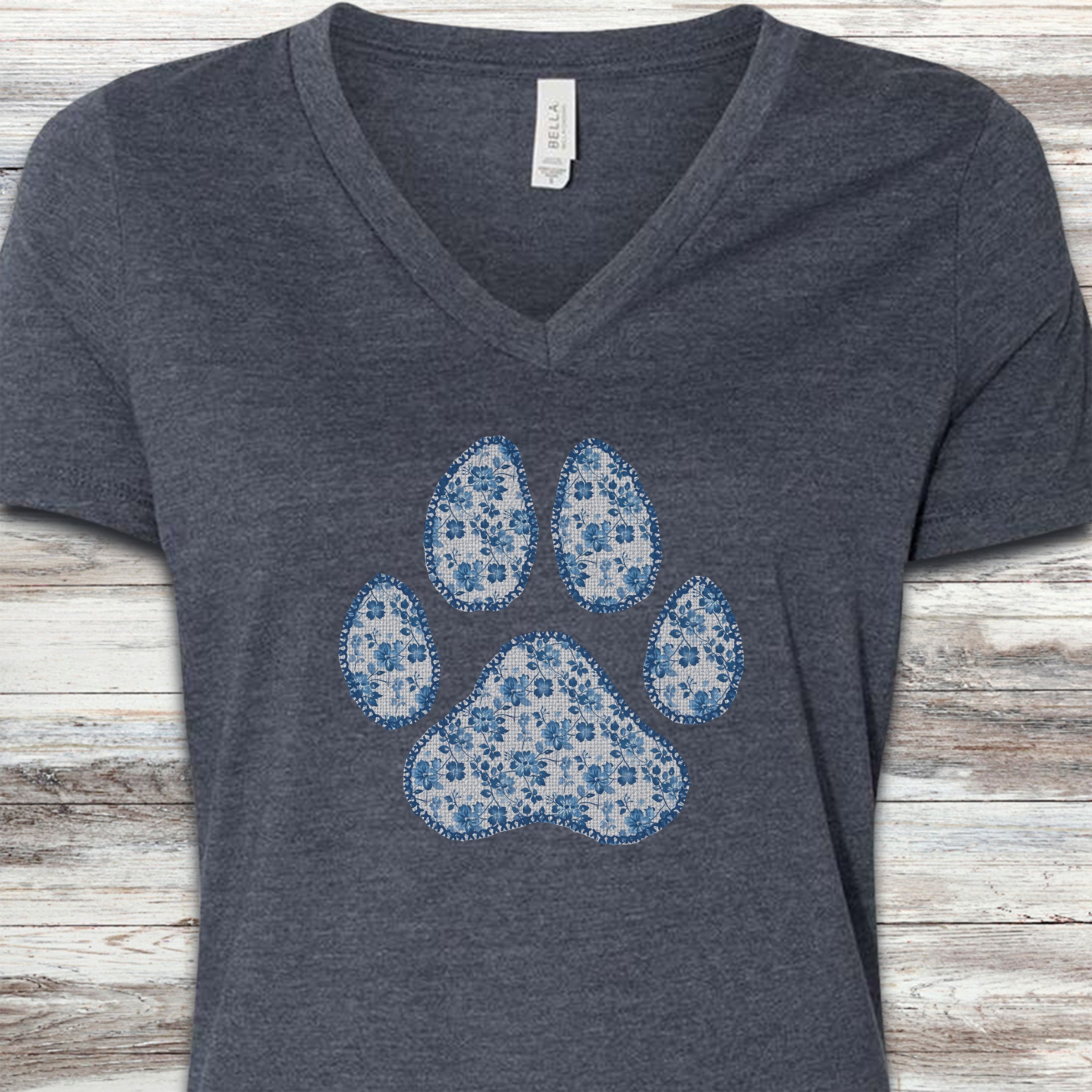 Blue Floral Paw Print V-Neck Tee - Heather Navy