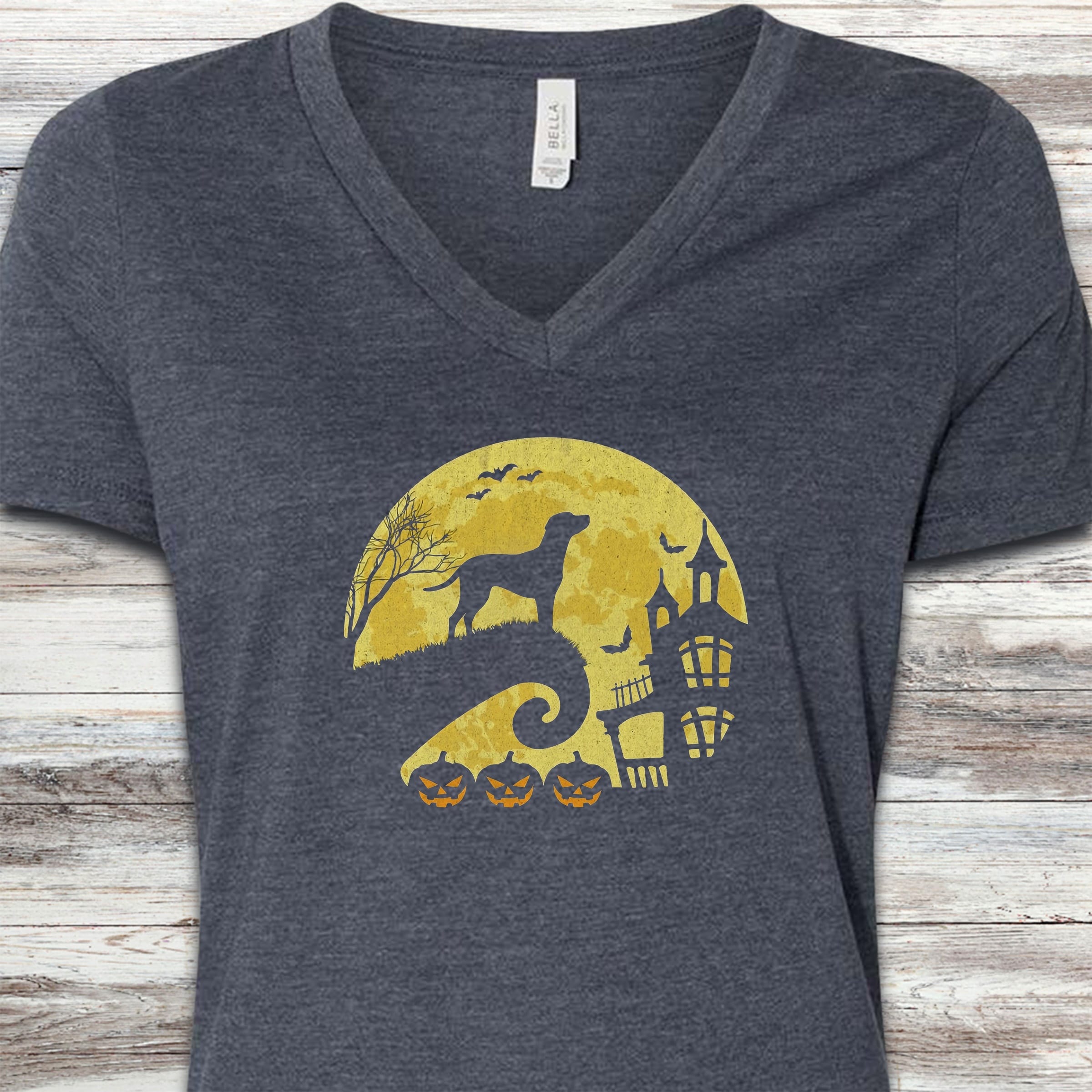 Coonhound Halloween Moon V-Neck Tee - Heather Navy