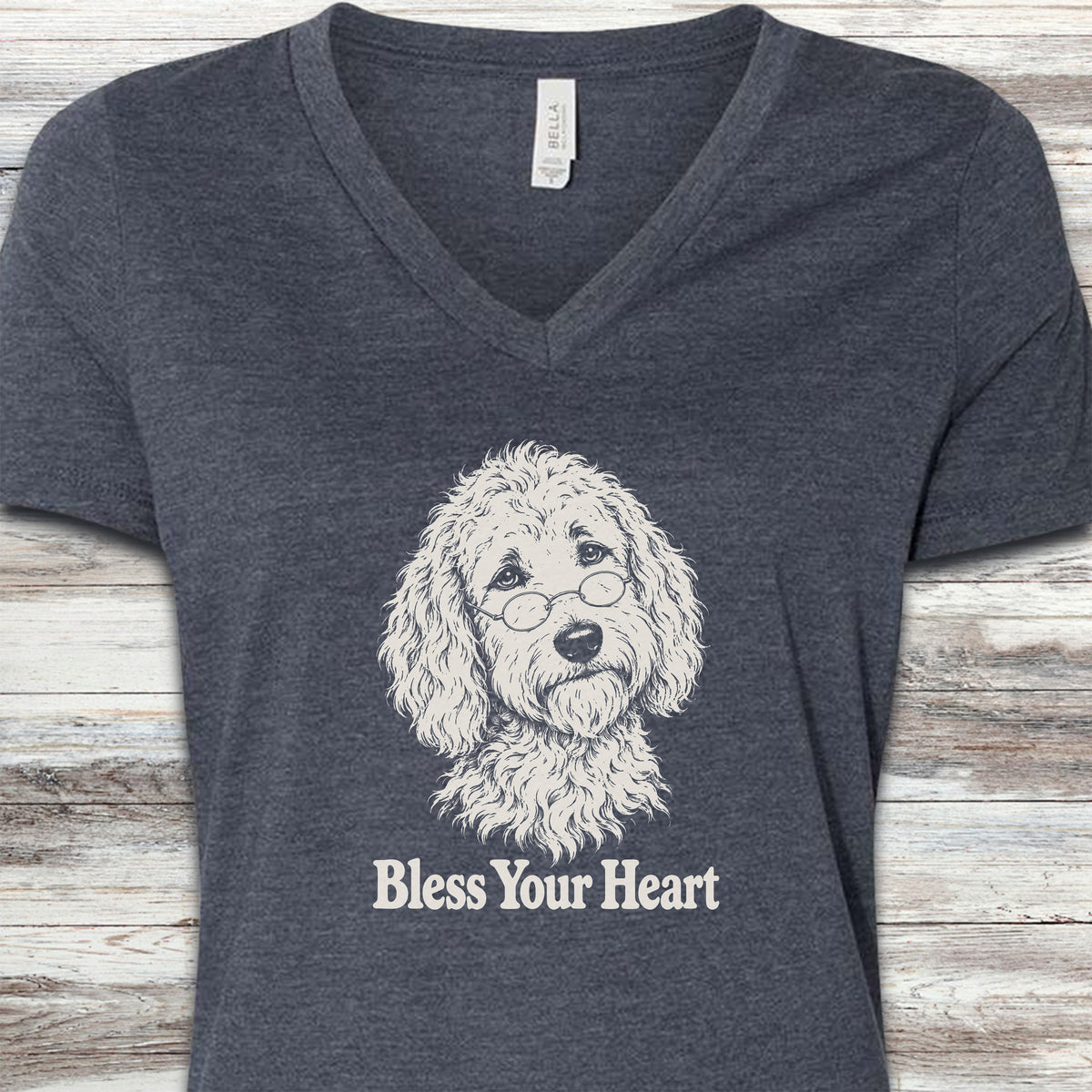 Goldendoodle Bless Your Heart V-Neck Tee - Heather Navy