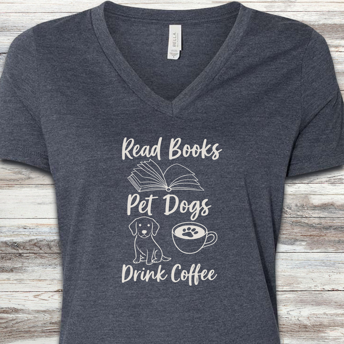 Books Dogs Coffee V-Neck Tee - Heather Navy