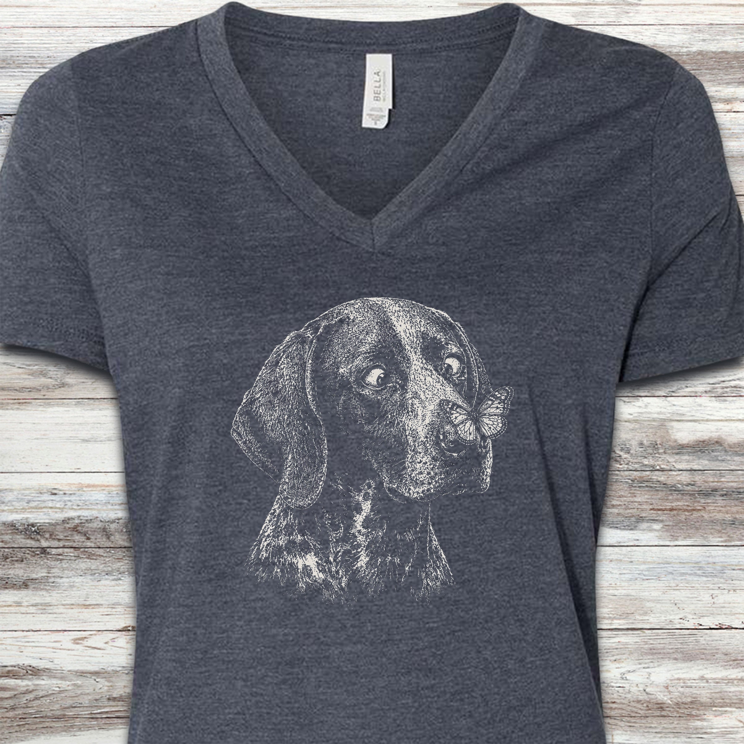 German Shorthaired Pointer Butterfly V-Neck Tee - Heather Navy