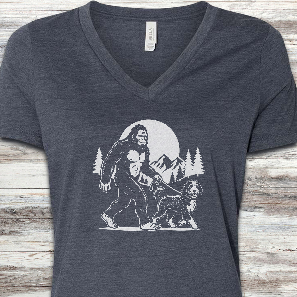 Bernedoodle & Bigfoot V-Neck Tee - Heather Navy