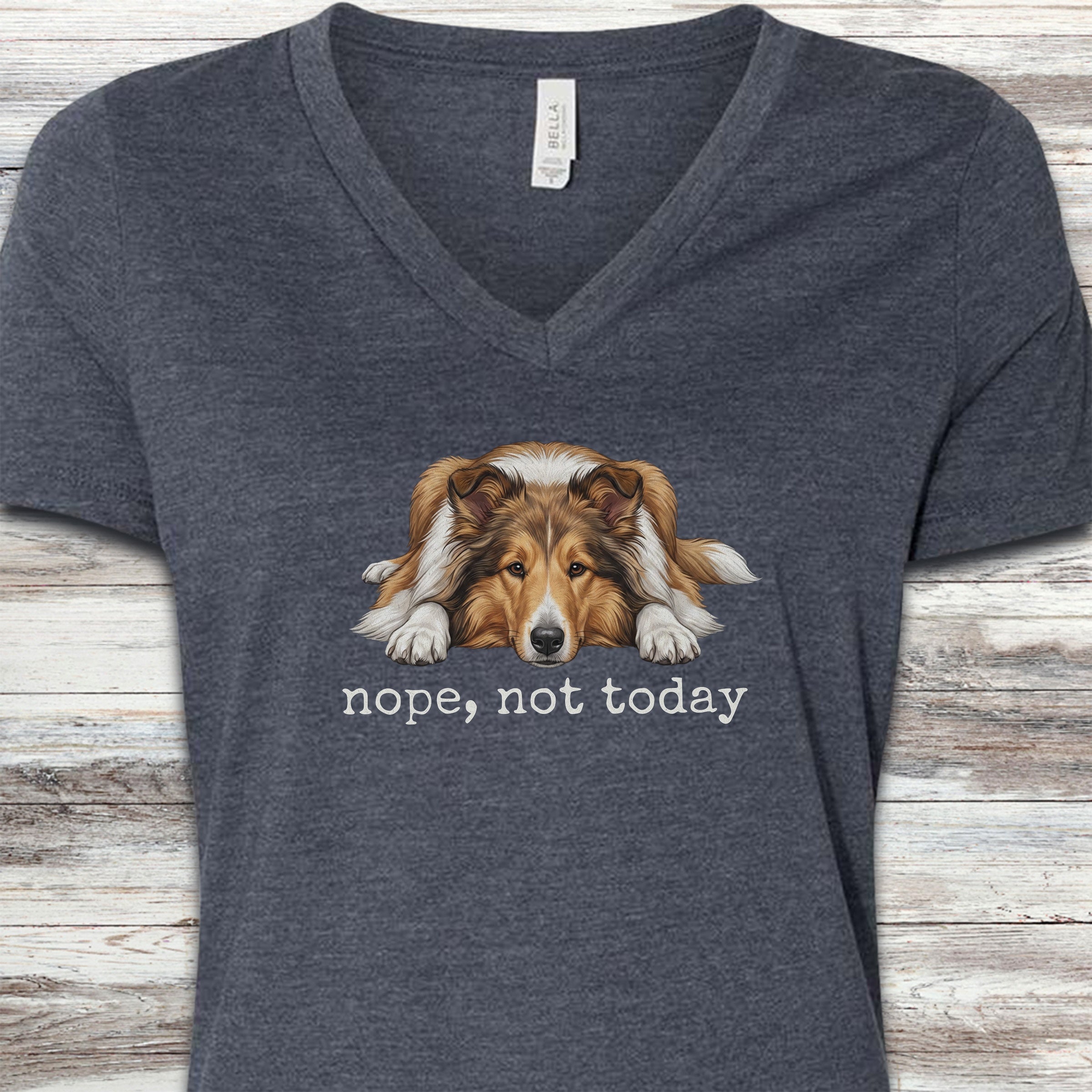 Rough Collie Nope V-Neck Tee - Heather Navy