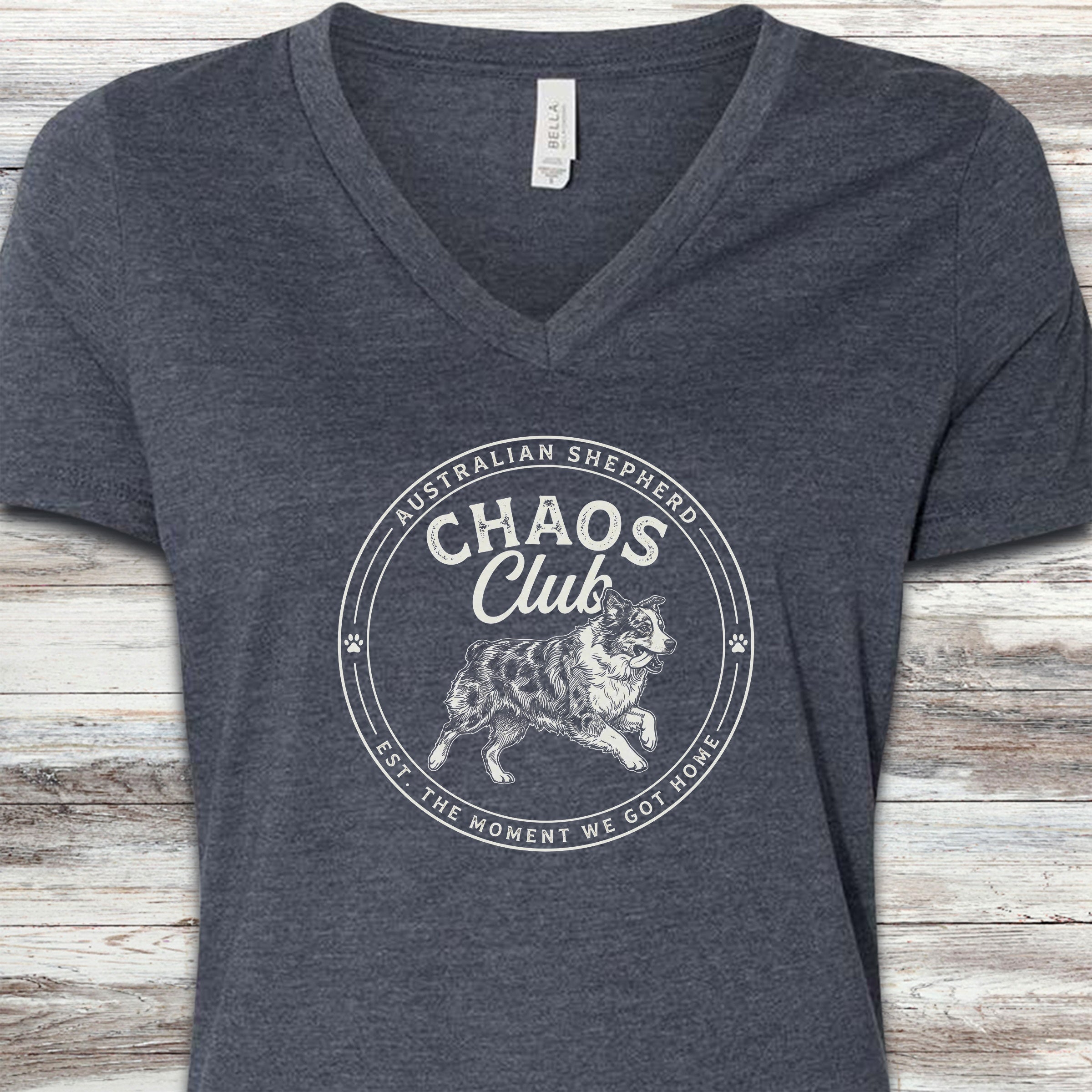 Australian Shepherd Chaos Club V-Neck Tee - Heather Navy