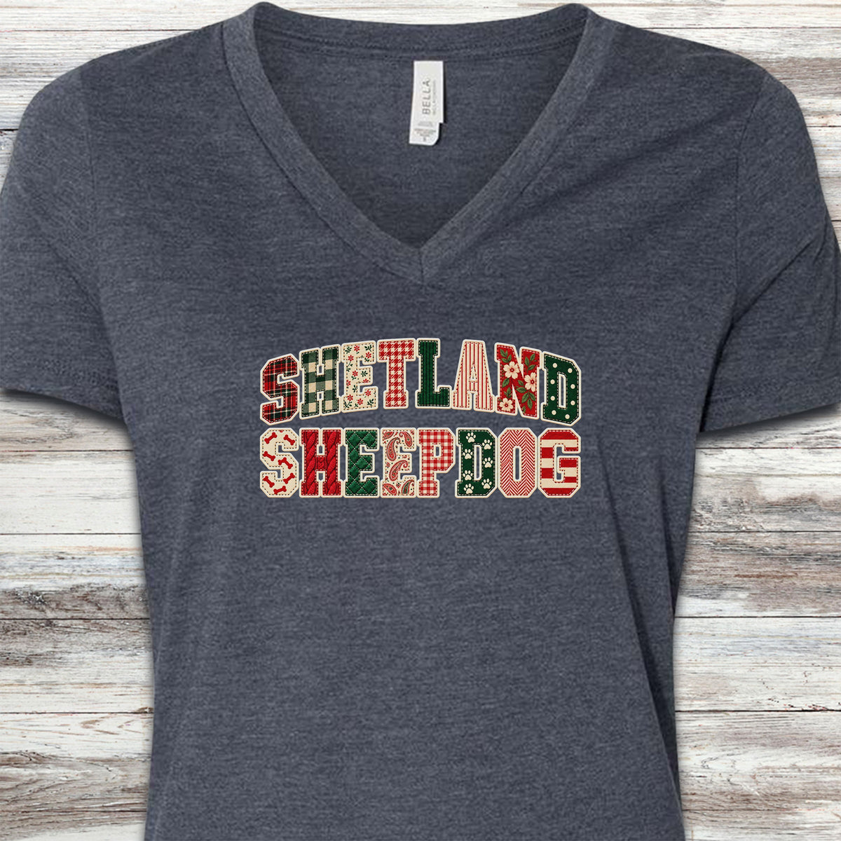 Shetland Sheepdog Holiday Faux Patchwork V-Neck Tee - Heather Navy
