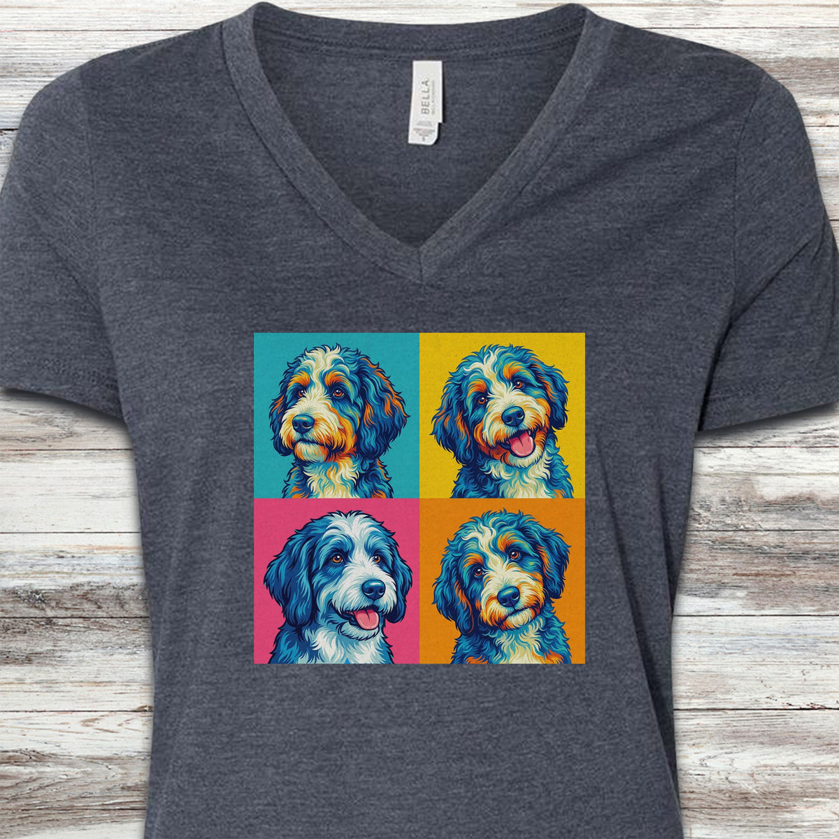 Bernedoodle Pop Art V-Neck Tee - Heather Navy