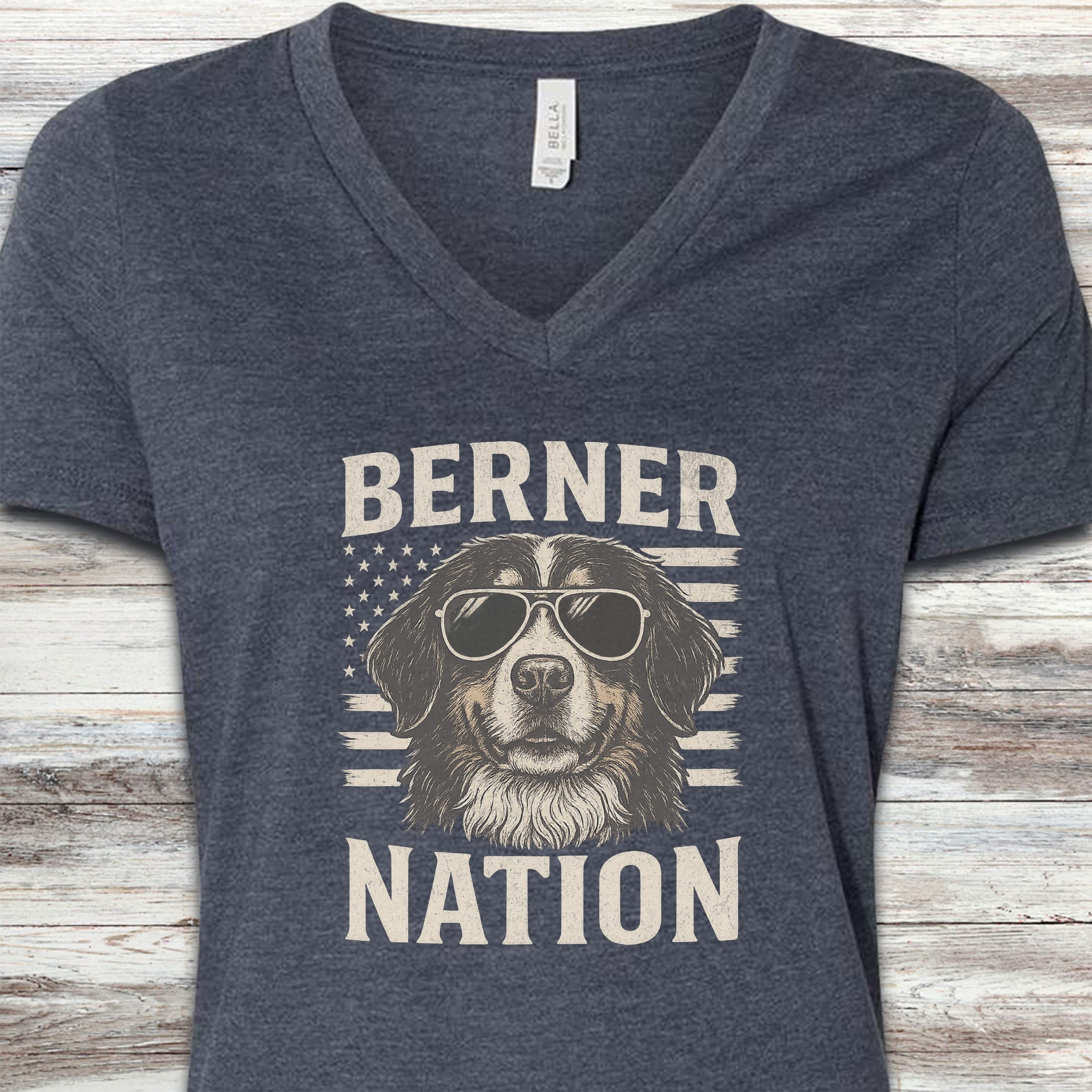 Bernese Mountain Dog Nation V-Neck Tee - Heather Navy