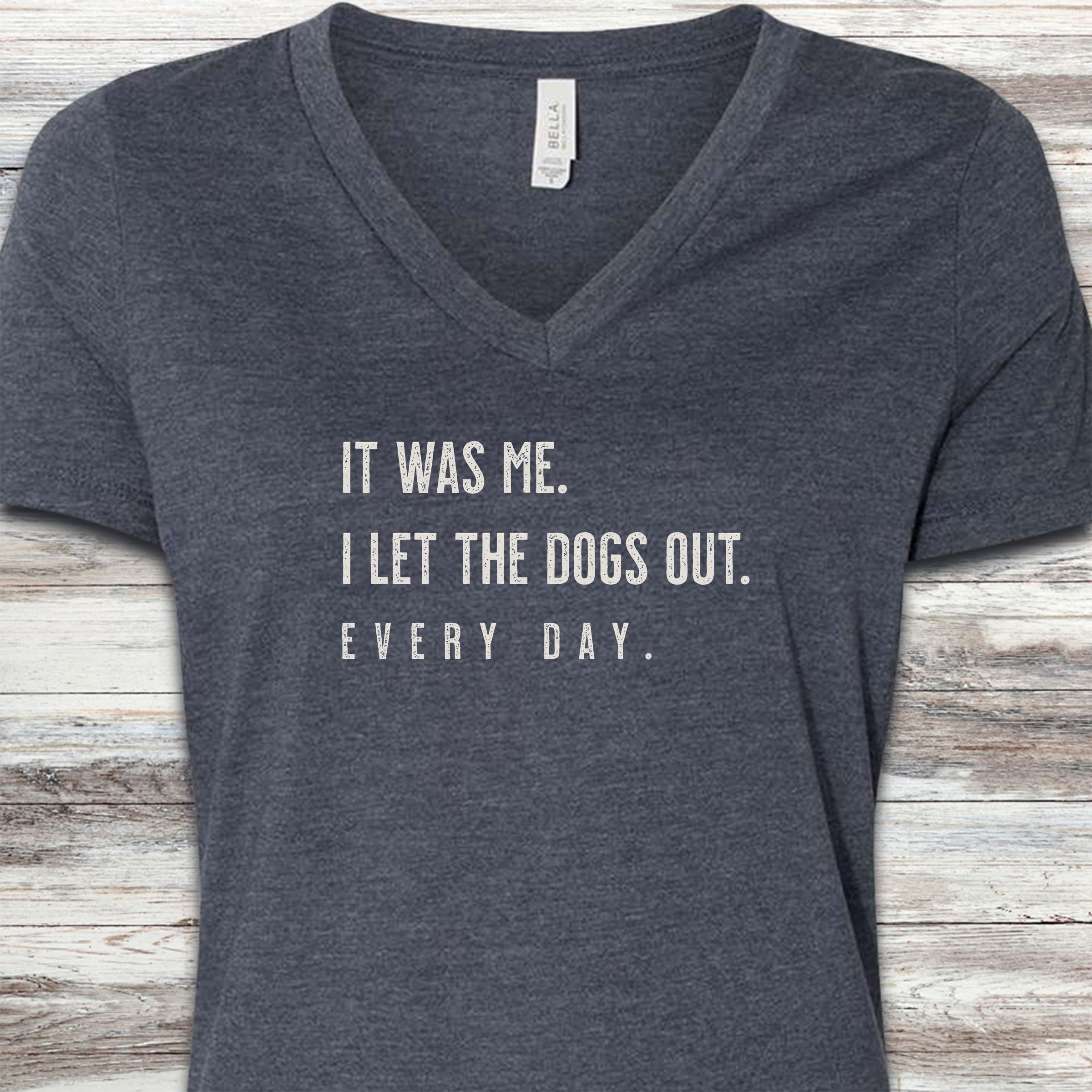 I Let The Dogs Out Everyday V-Neck Tee - Heather Navy