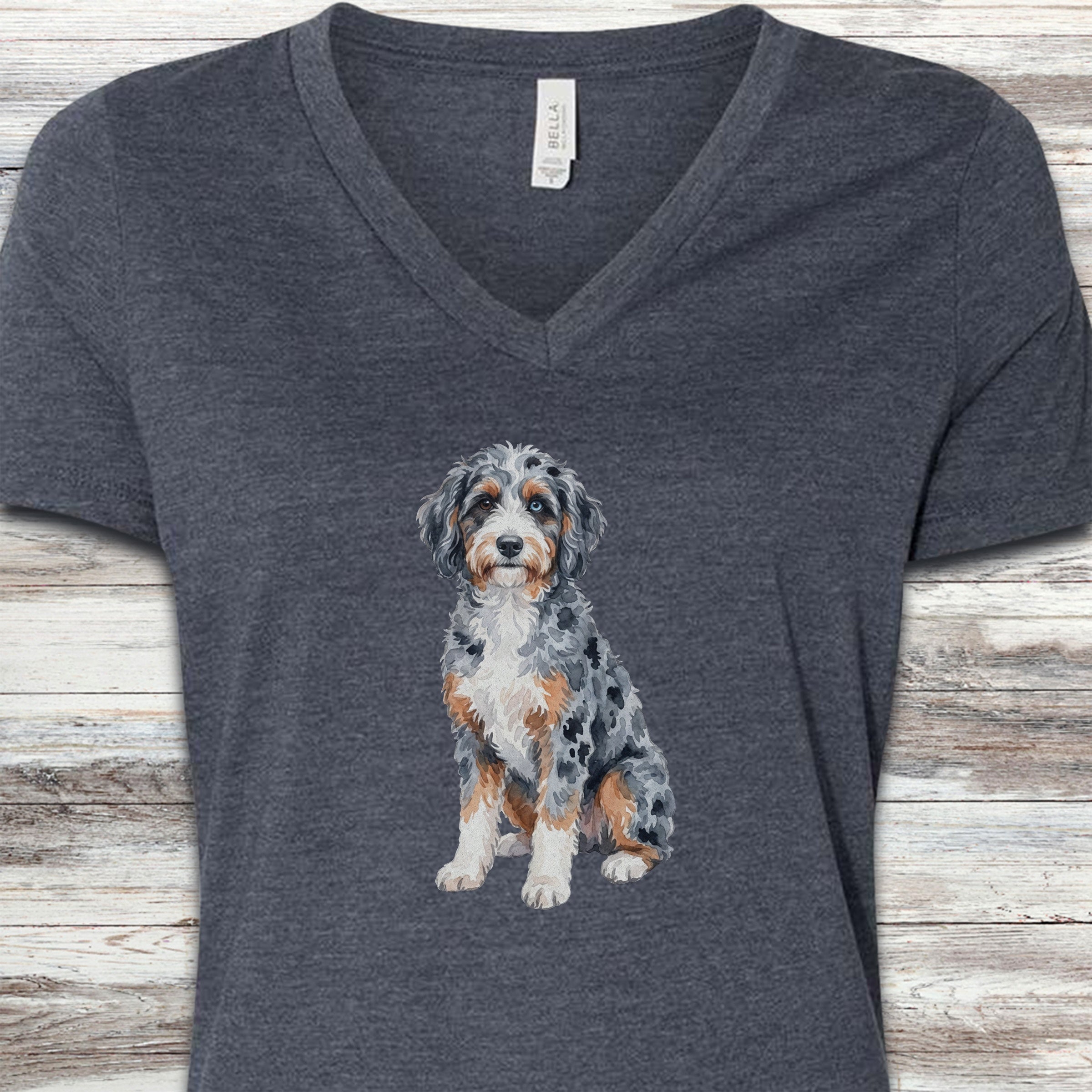 Aussiedoodle Watercolor V-Neck Tee - Heather Navy