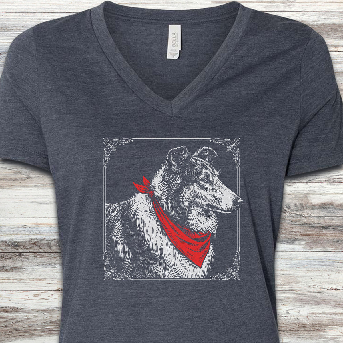 Rough Collie Etching V-Neck Tee - Heather Navy