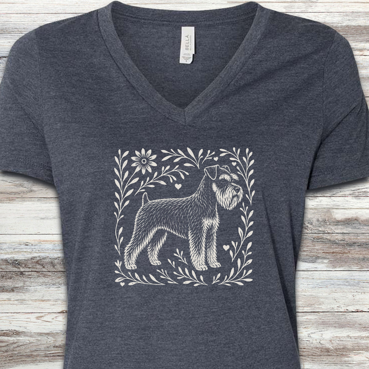 Schnauzer Linocut V-Neck Tee - Heather Navy