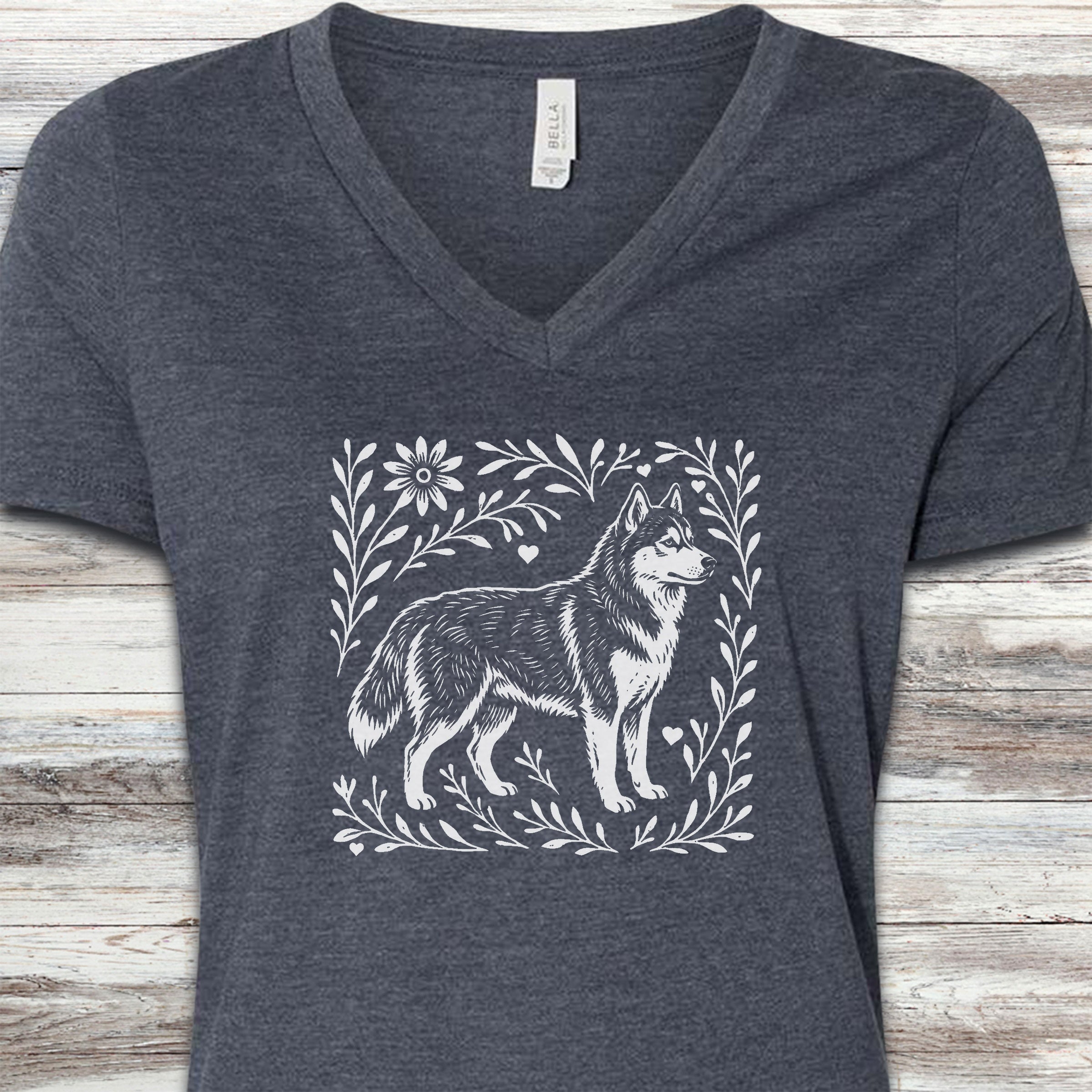 Husky Linocut V-Neck Tee - Heather Navy