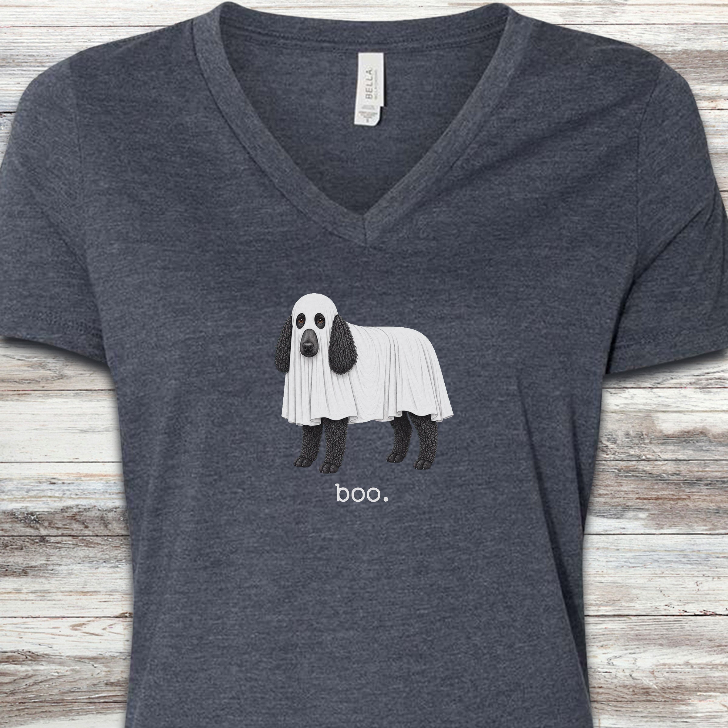 Poodle Black Boo V-Neck Tee - Heather Navy