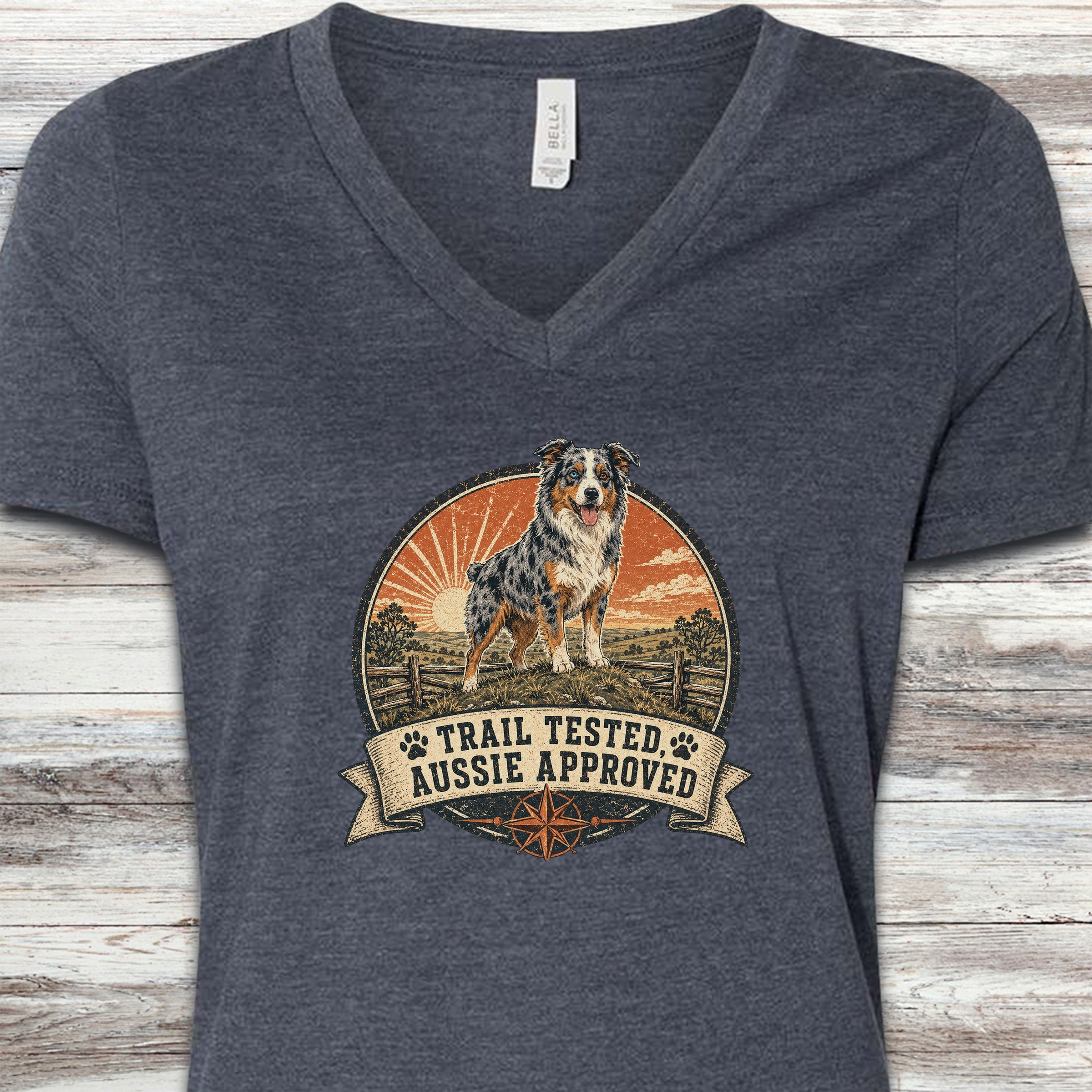 Australian Shepherd Tested V-Neck Tee - Heather Navy