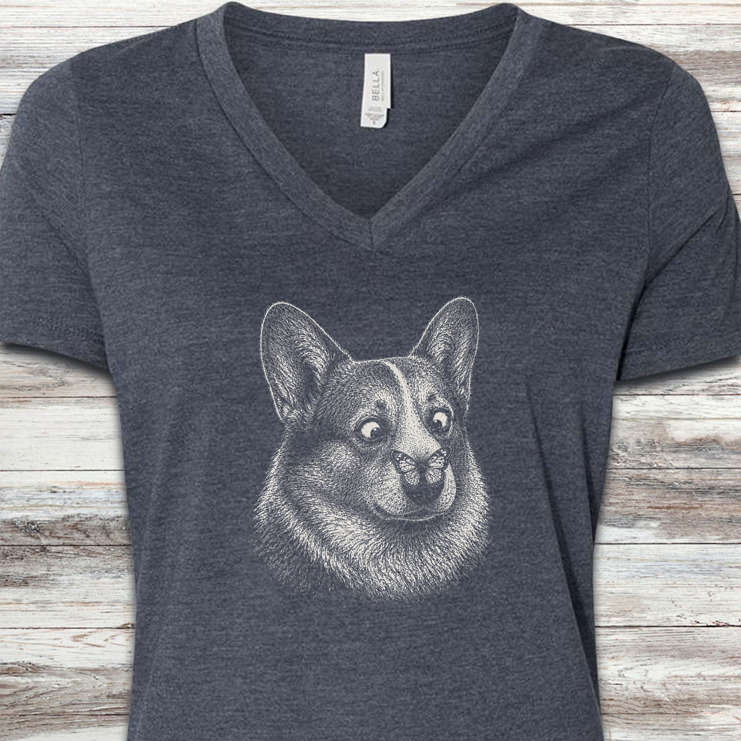 Corgi Butterfly V-Neck Tee - Heather Navy