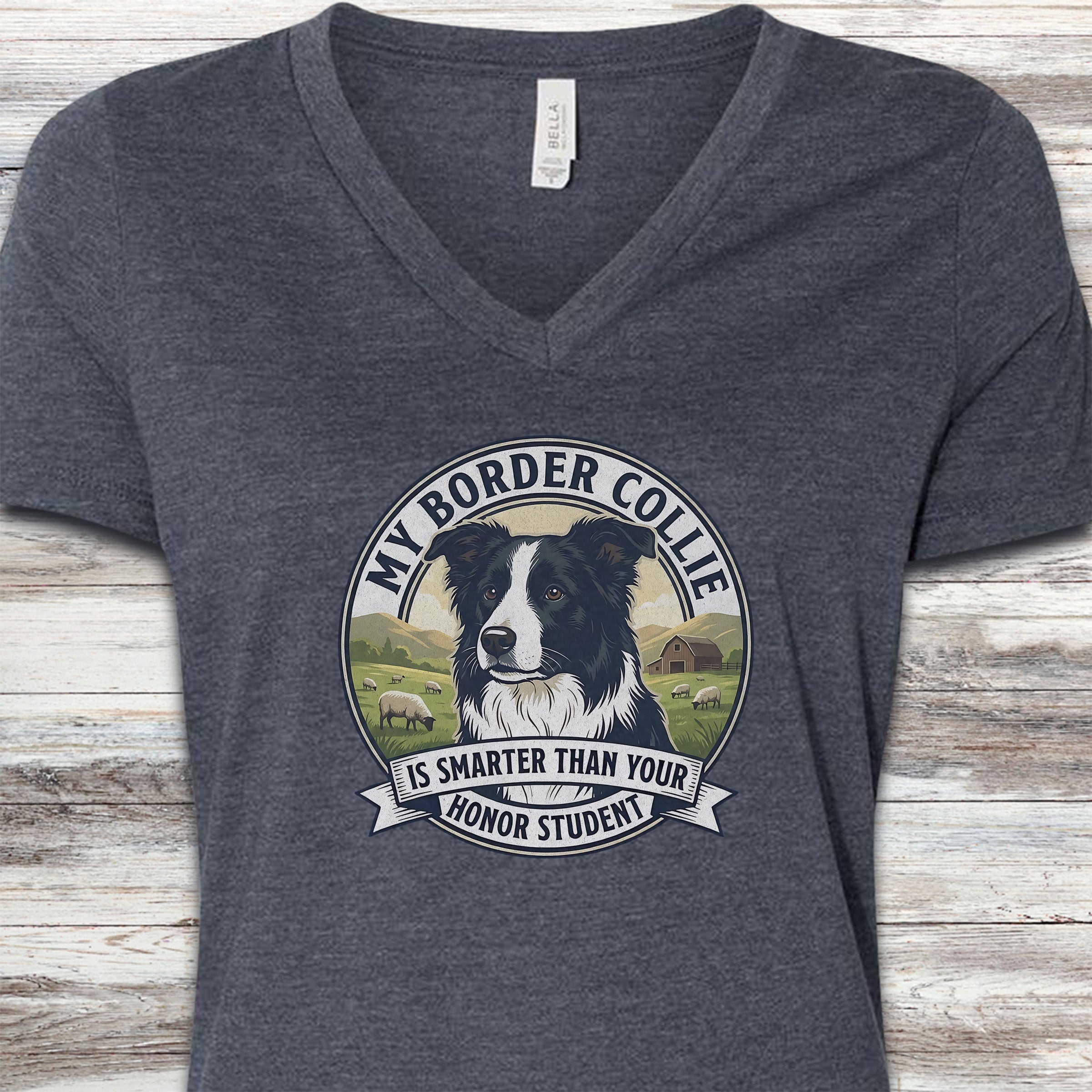 Border Collie Smart V-Neck Tee - Heather Navy