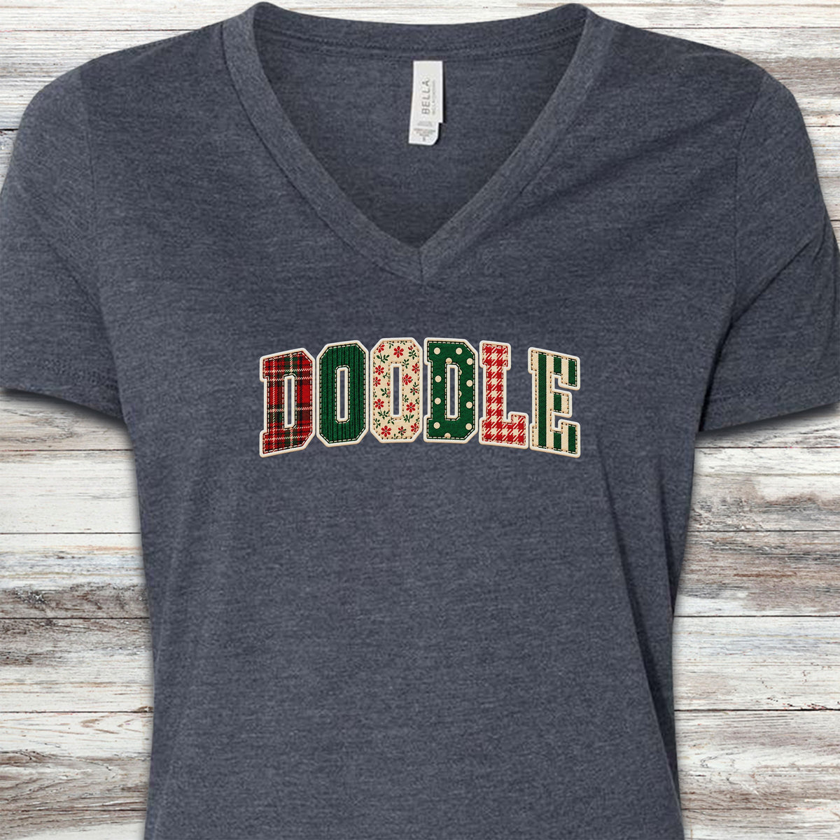 Doodle Holiday Faux Patchwork V-Neck Tee - Heather Navy
