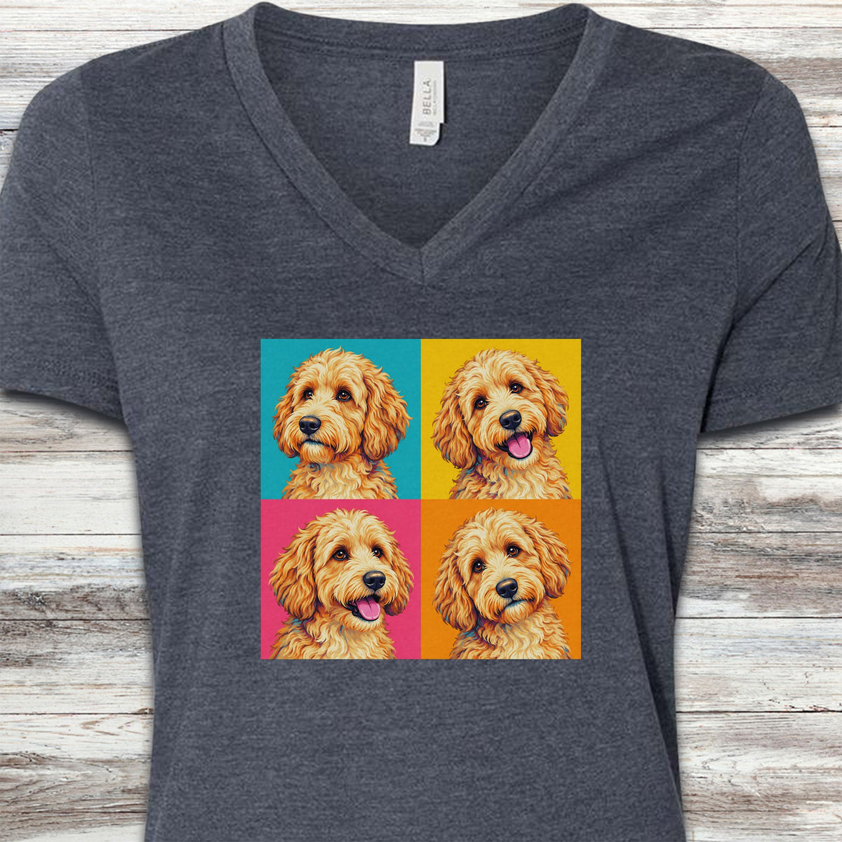 Goldendoodle Pop Art V-Neck Tee - Heather Navy